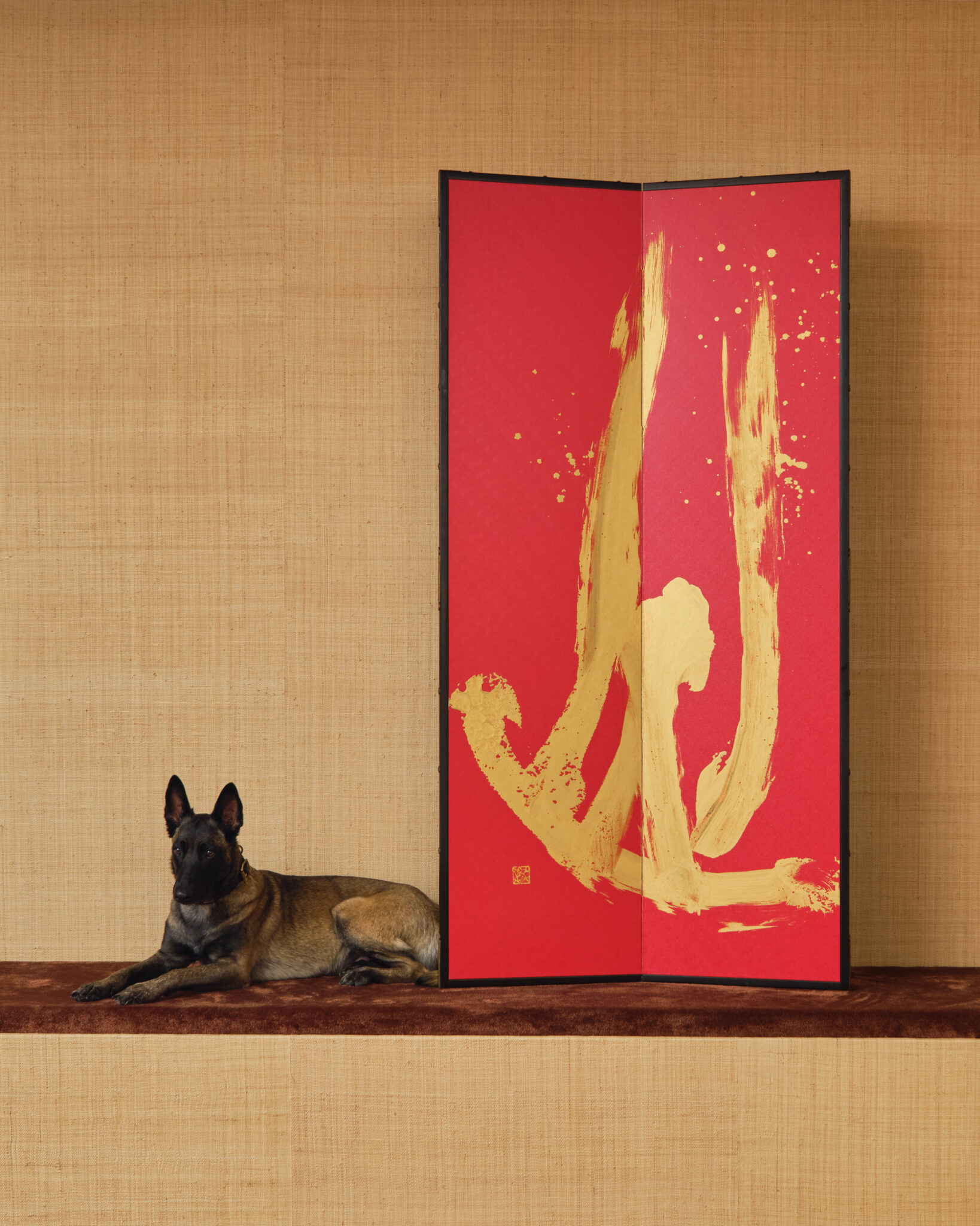 Japanese Two Panel Screen: Abstract Gold Calligraphy on Vermilion Ground