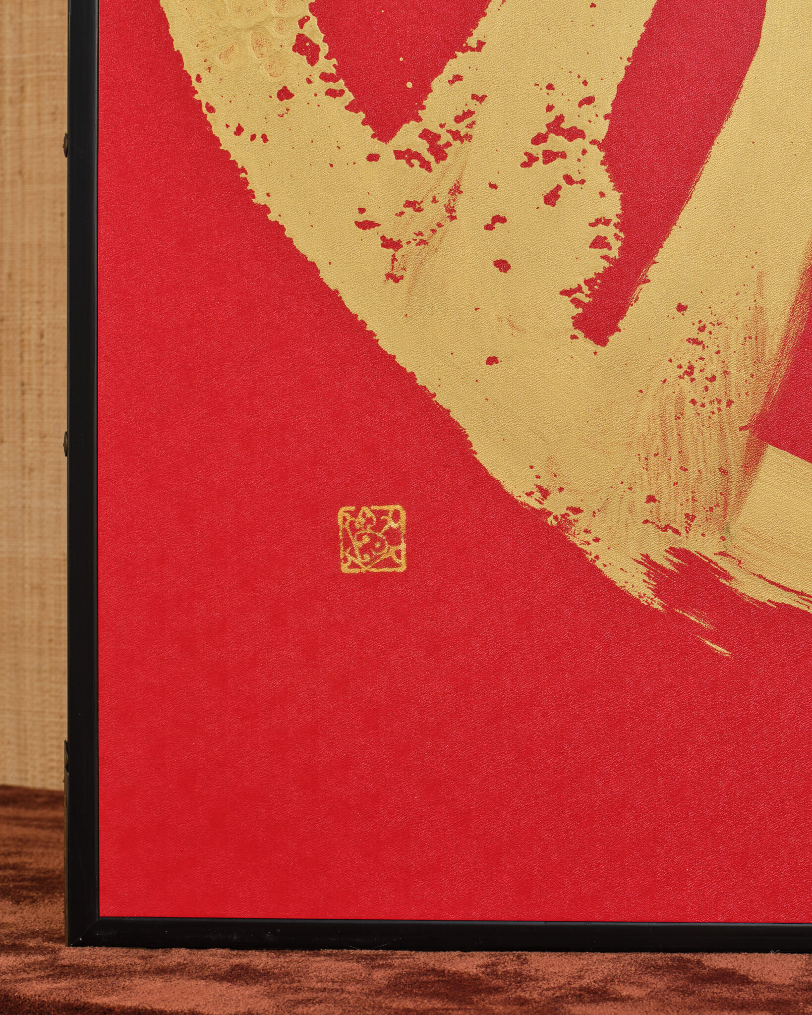 Japanese Two Panel Screen: Abstract Gold Calligraphy on Vermilion Ground