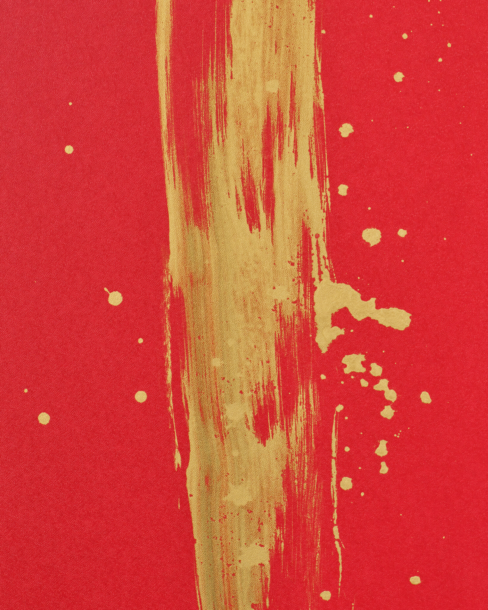 Japanese Two Panel Screen: Abstract Gold Calligraphy on Vermilion Ground