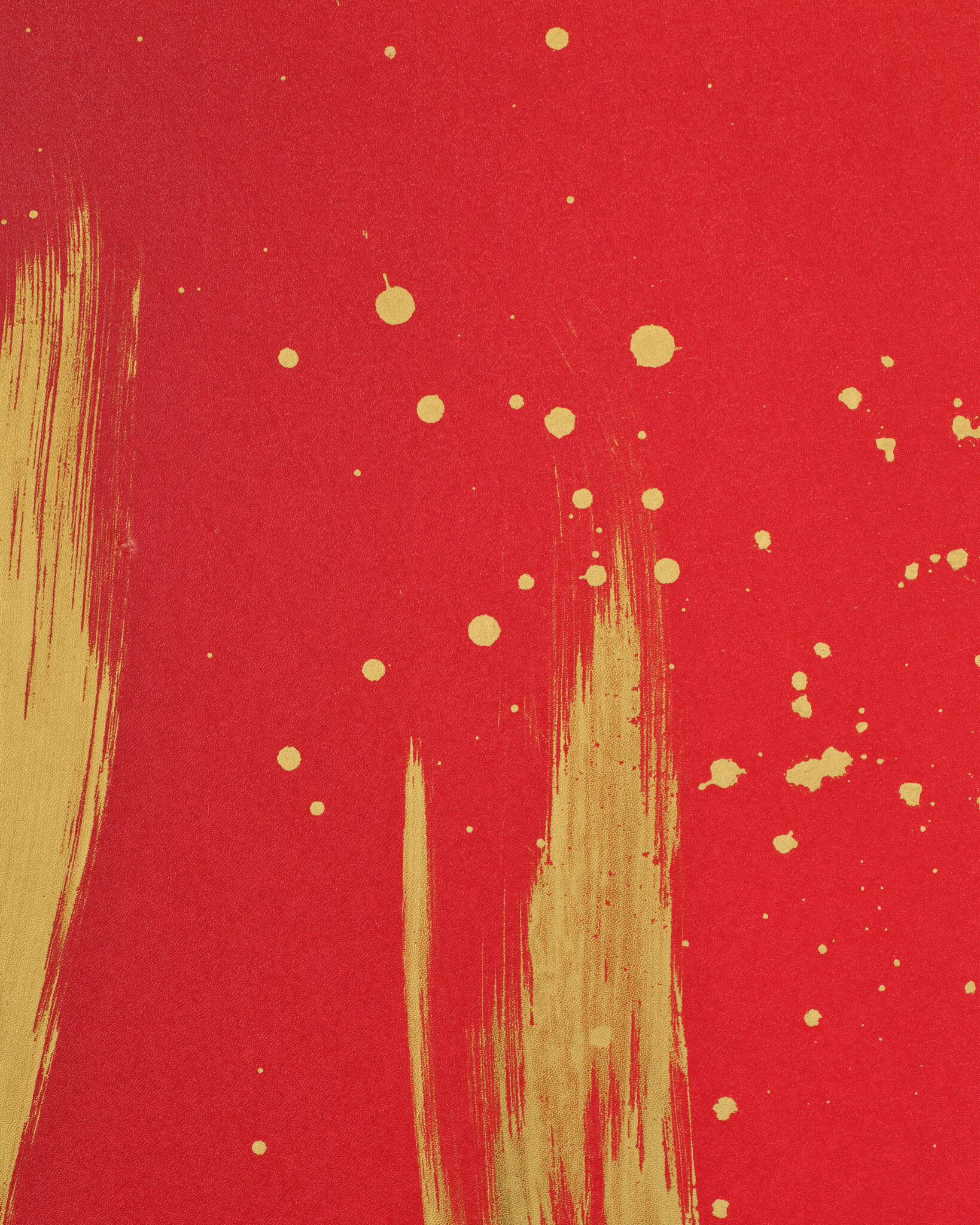 Japanese Two Panel Screen: Abstract Gold Calligraphy on Vermilion Ground
