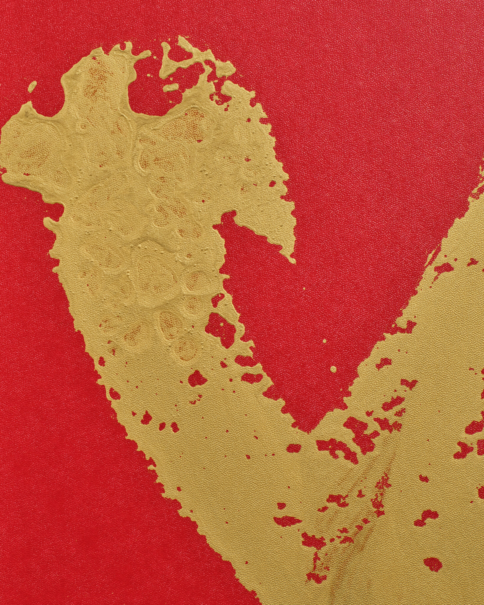 Japanese Two Panel Screen: Abstract Gold Calligraphy on Vermilion Ground