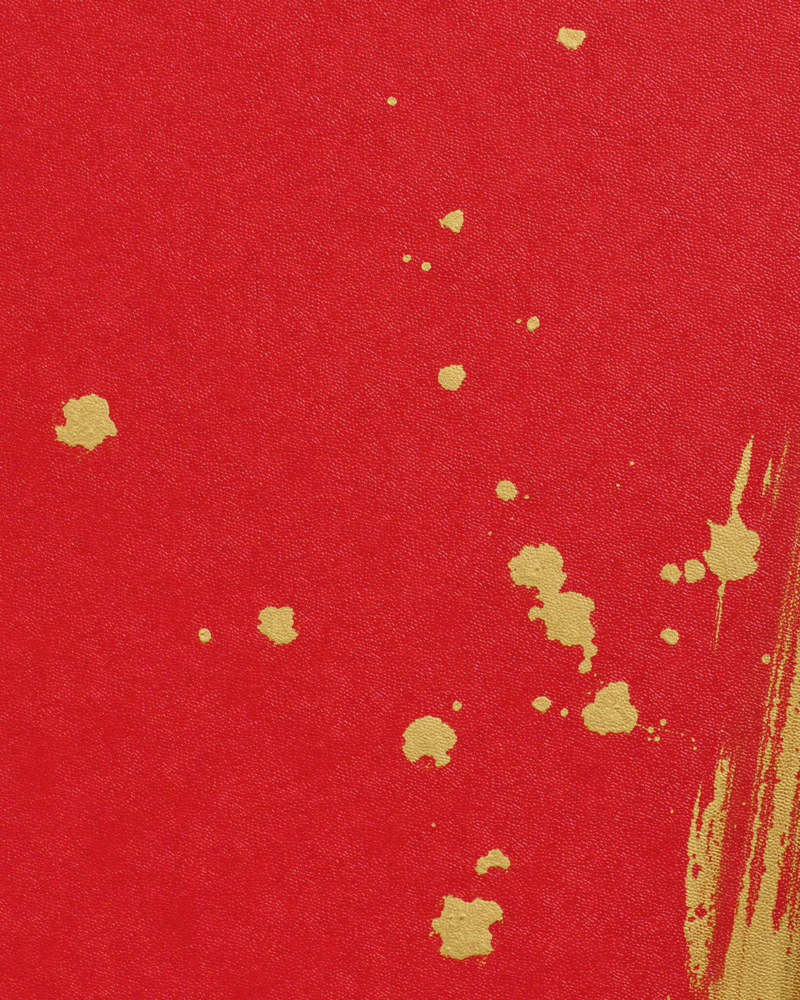 Japanese Two Panel Screen: Abstract Gold Calligraphy on Vermilion Ground