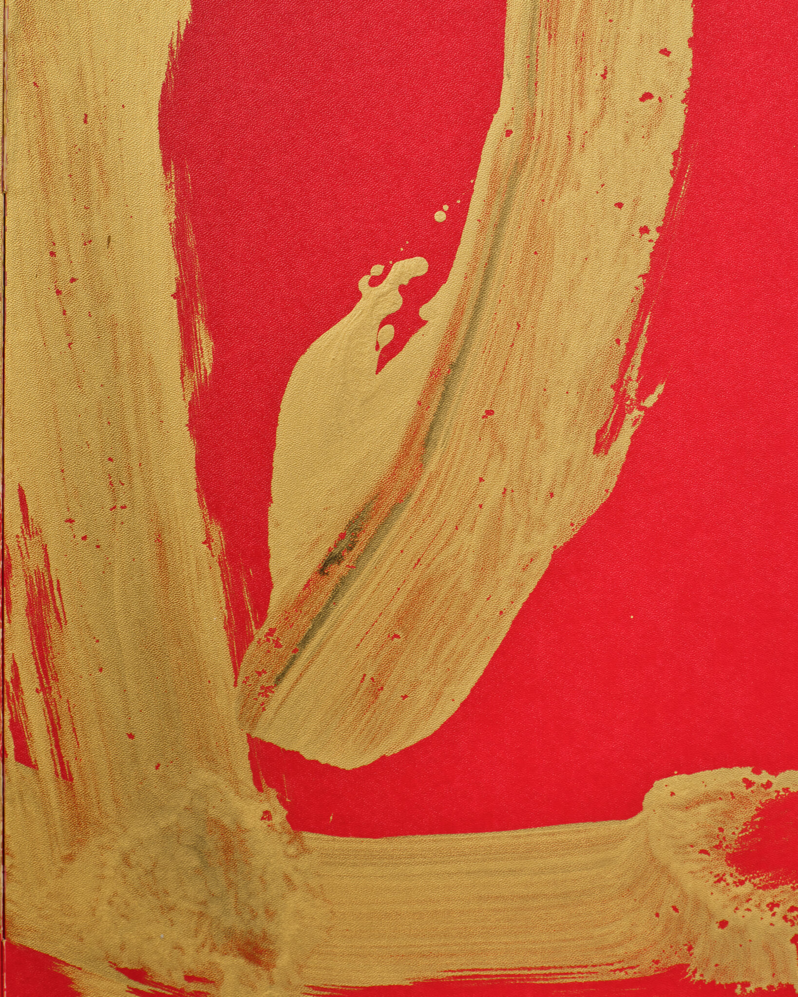 Japanese Two Panel Screen: Abstract Gold Calligraphy on Vermilion Ground