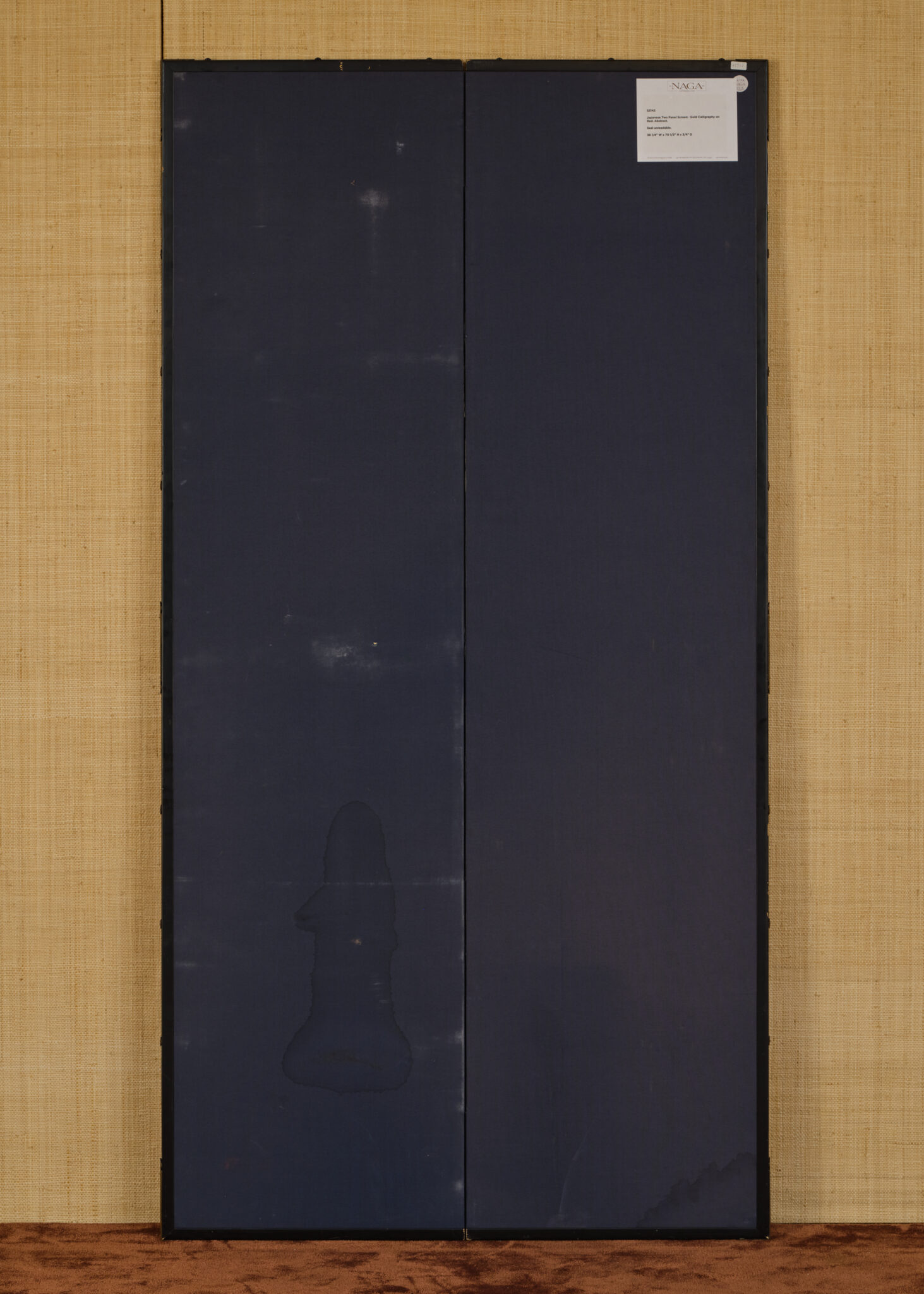 Japanese Two Panel Screen: Abstract Gold Calligraphy on Vermilion Ground