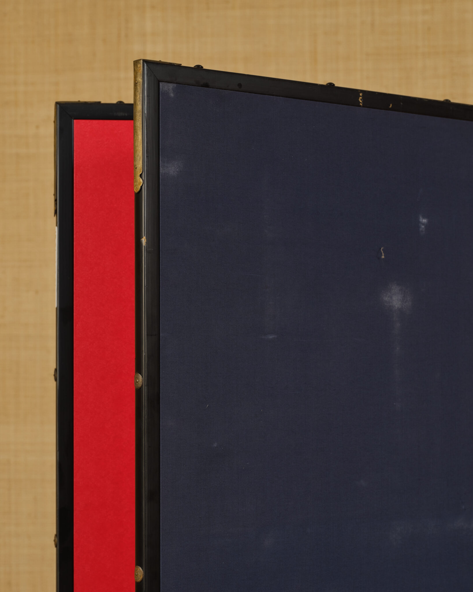 Japanese Two Panel Screen: Abstract Gold Calligraphy on Vermilion Ground