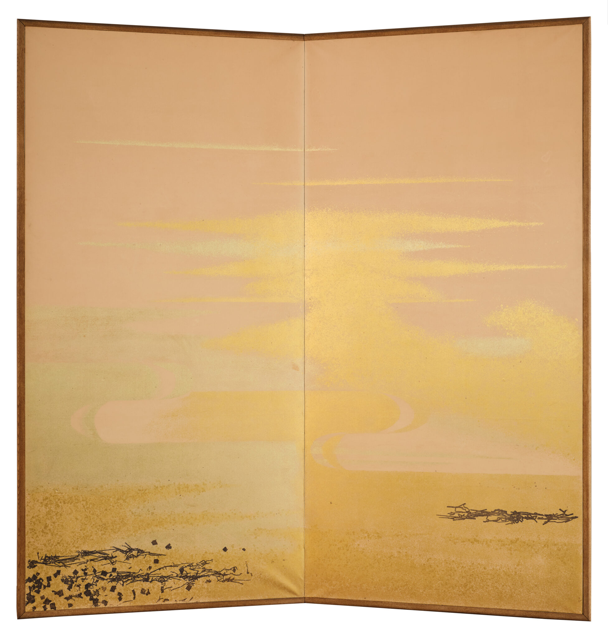 Japanese Two Panel Screen: Misty Morning Landscape on Gold