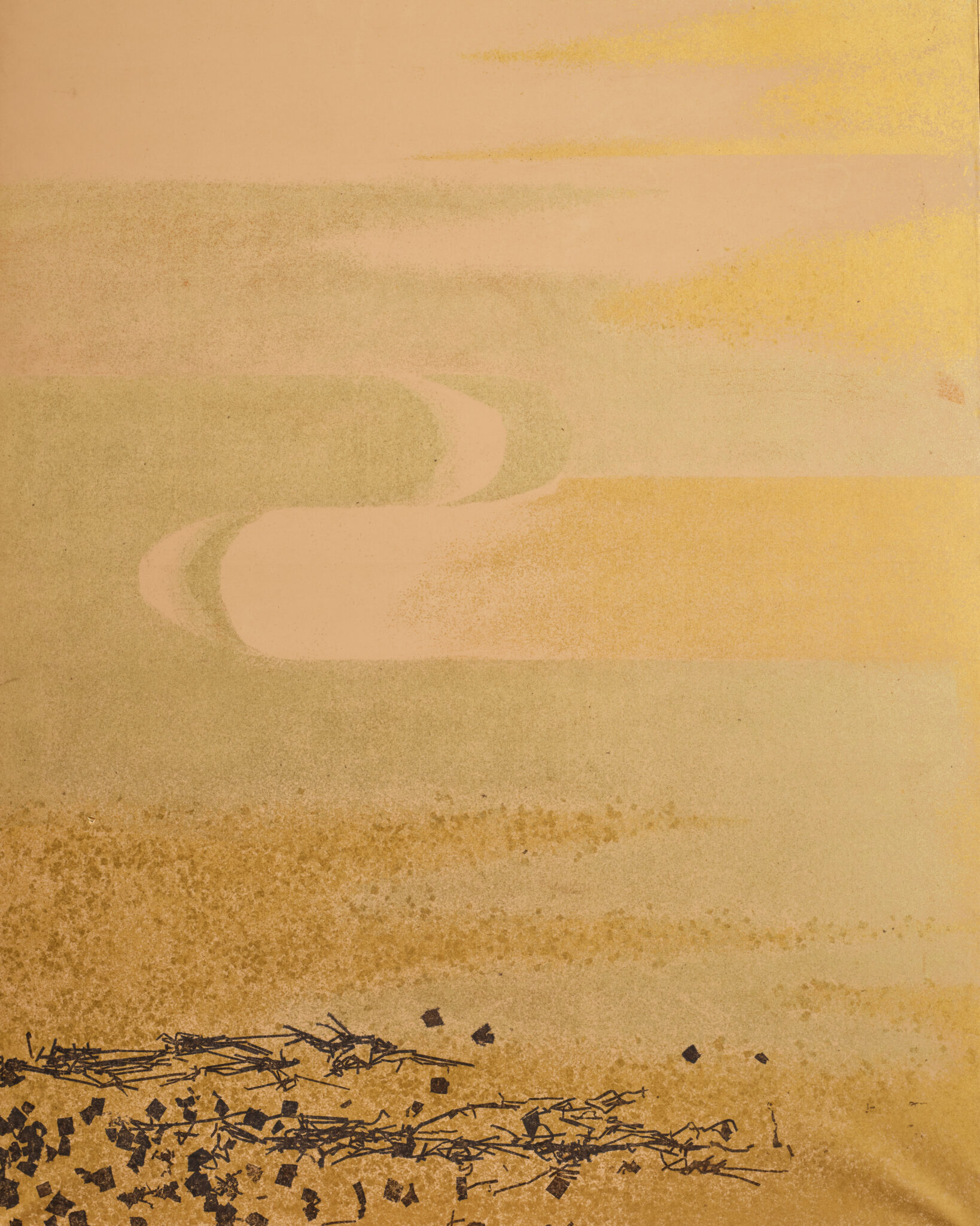 Japanese Two Panel Screen: Misty Morning Landscape on Gold