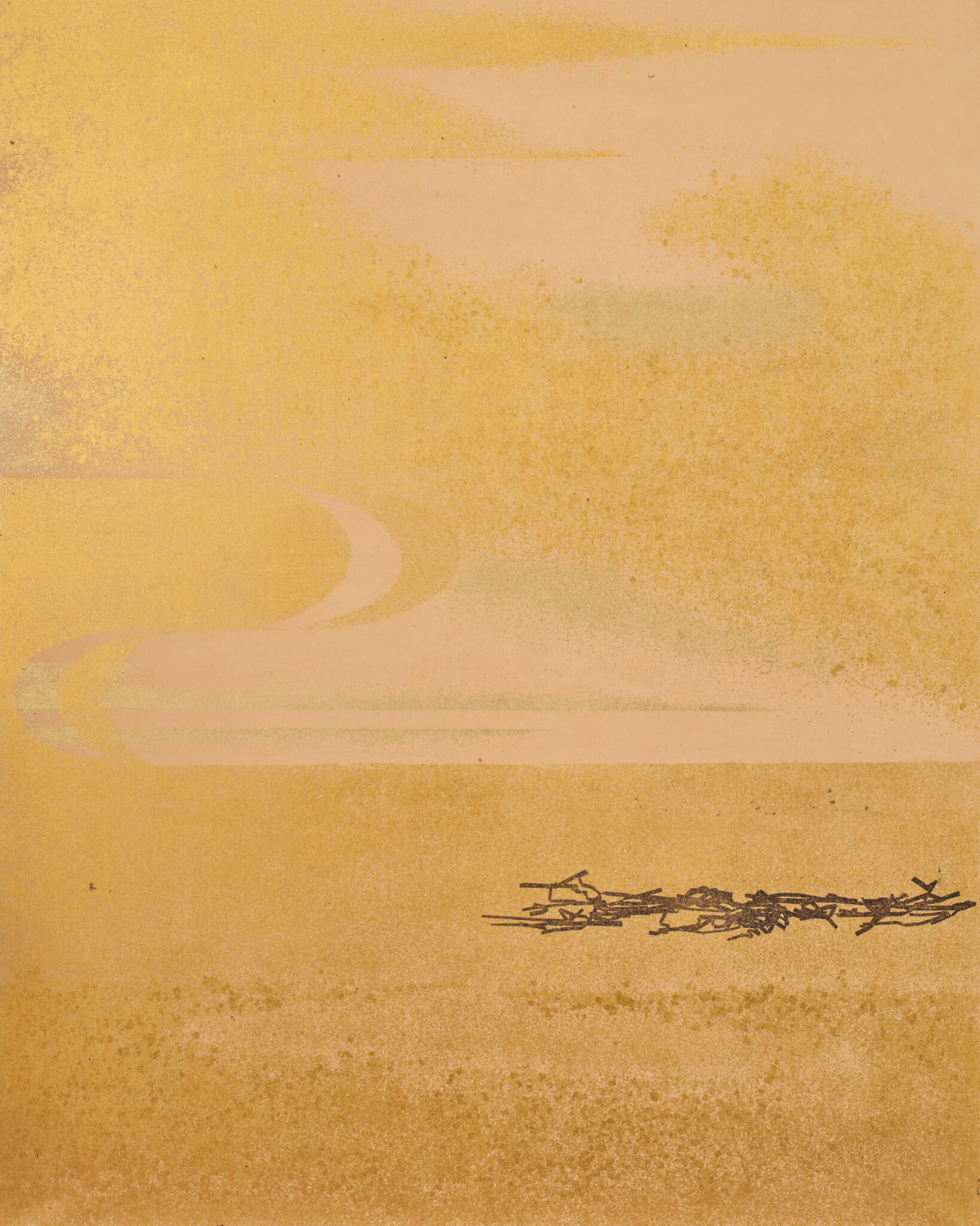 Japanese Two Panel Screen: Misty Morning Landscape on Gold
