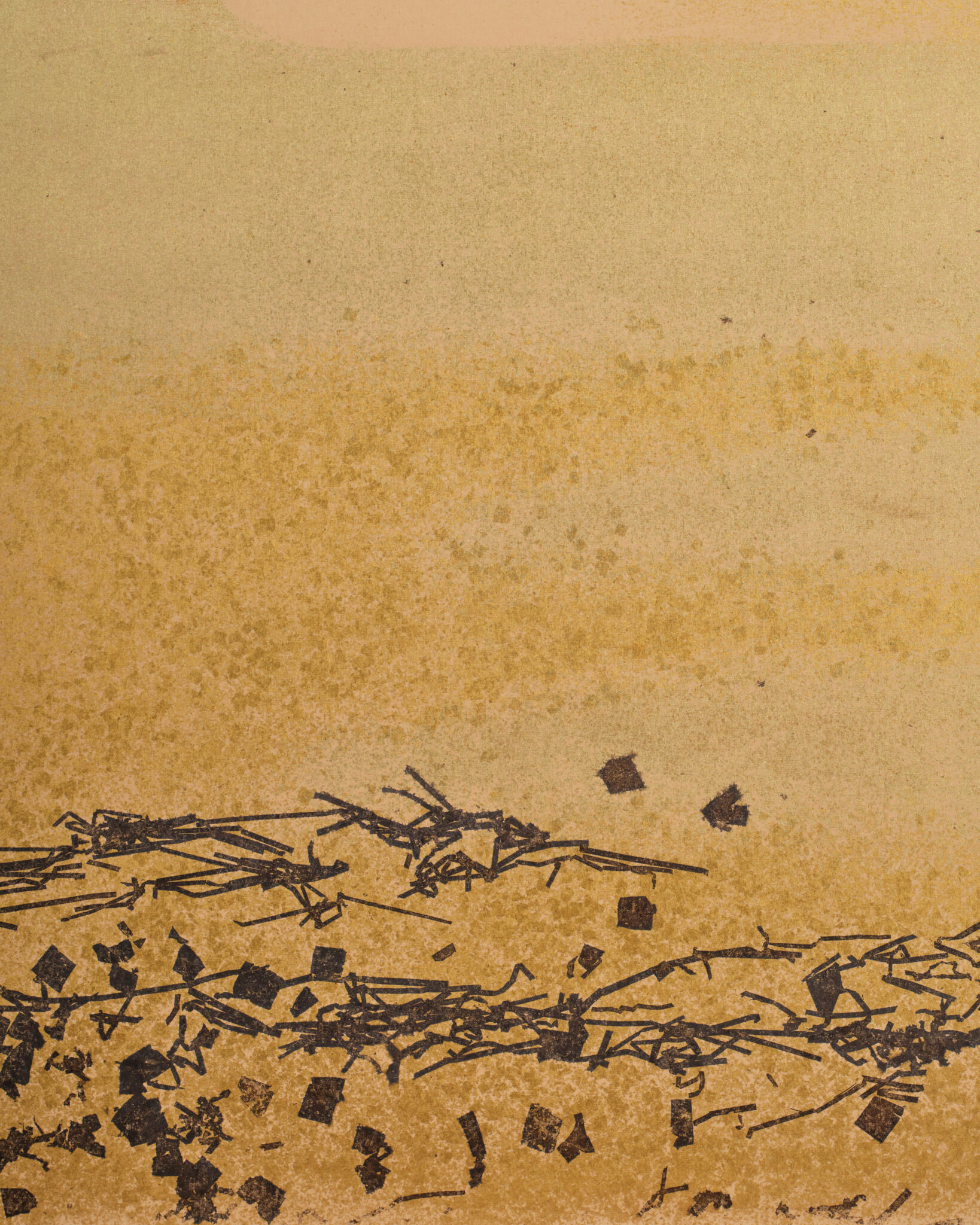 Japanese Two Panel Screen: Misty Morning Landscape on Gold