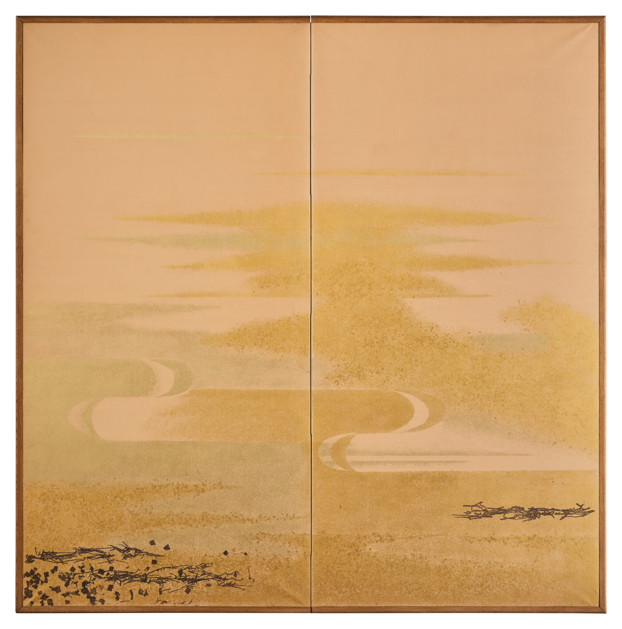 Japanese Two Panel Screen: Misty Morning Landscape on Gold