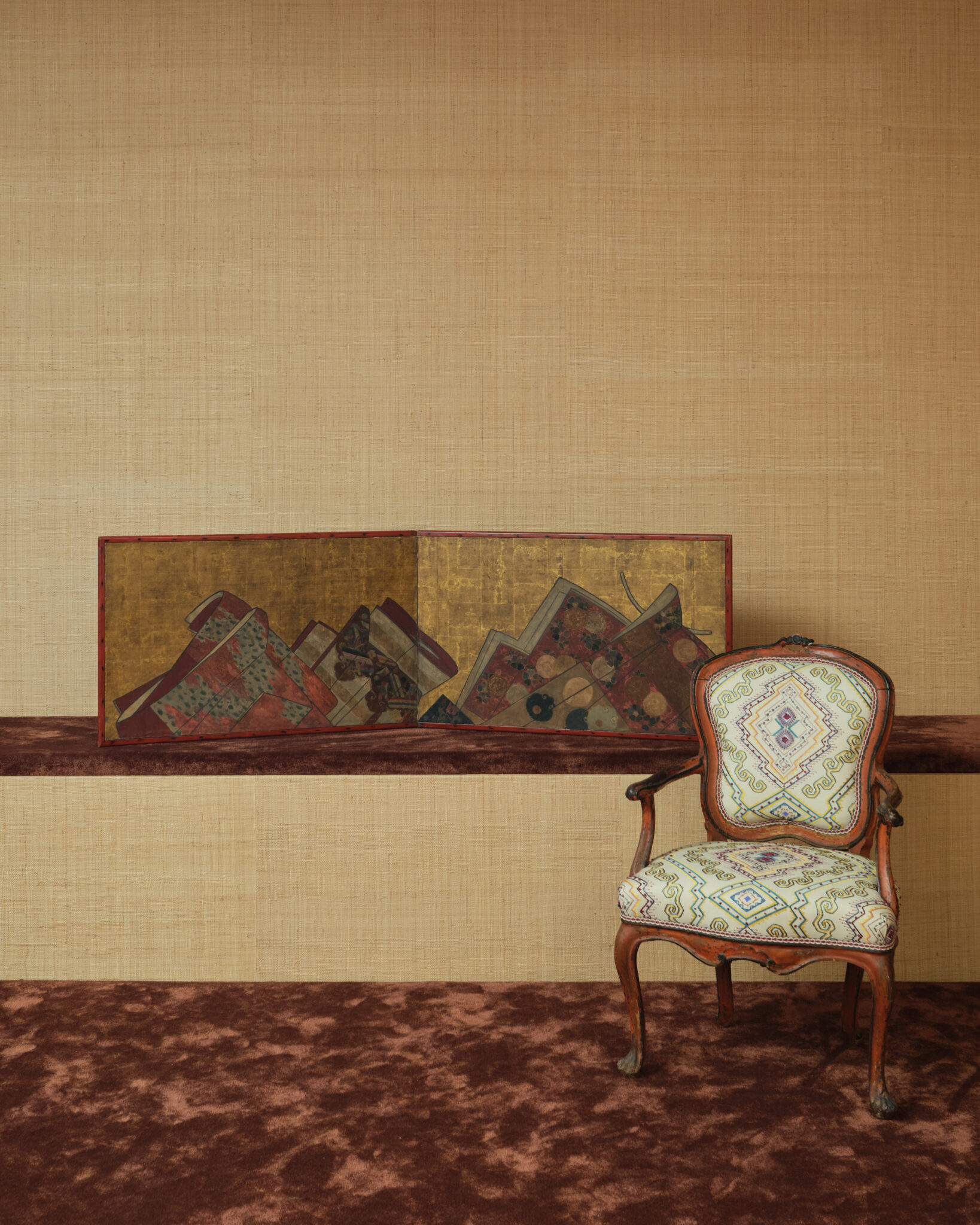 Japanese Two Panel Furosaki Screen: Kimono Fabrics on Gold Leaf