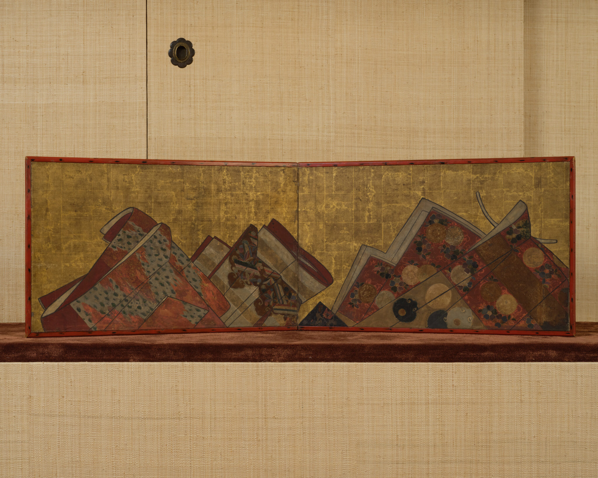 Japanese Two Panel Furosaki Screen: Kimono Fabrics on Gold Leaf
