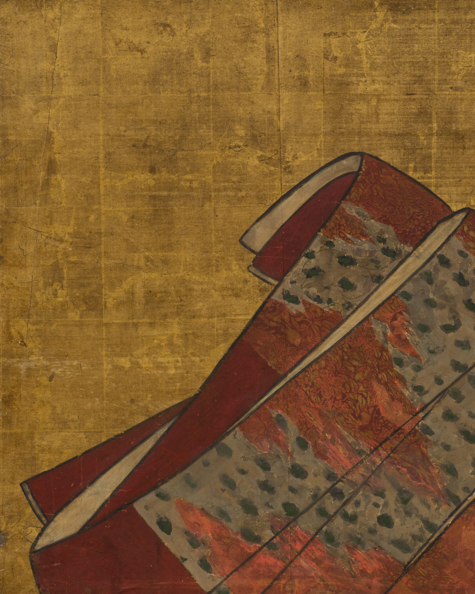 Japanese Two Panel Furosaki Screen: Kimono Fabrics on Gold Leaf