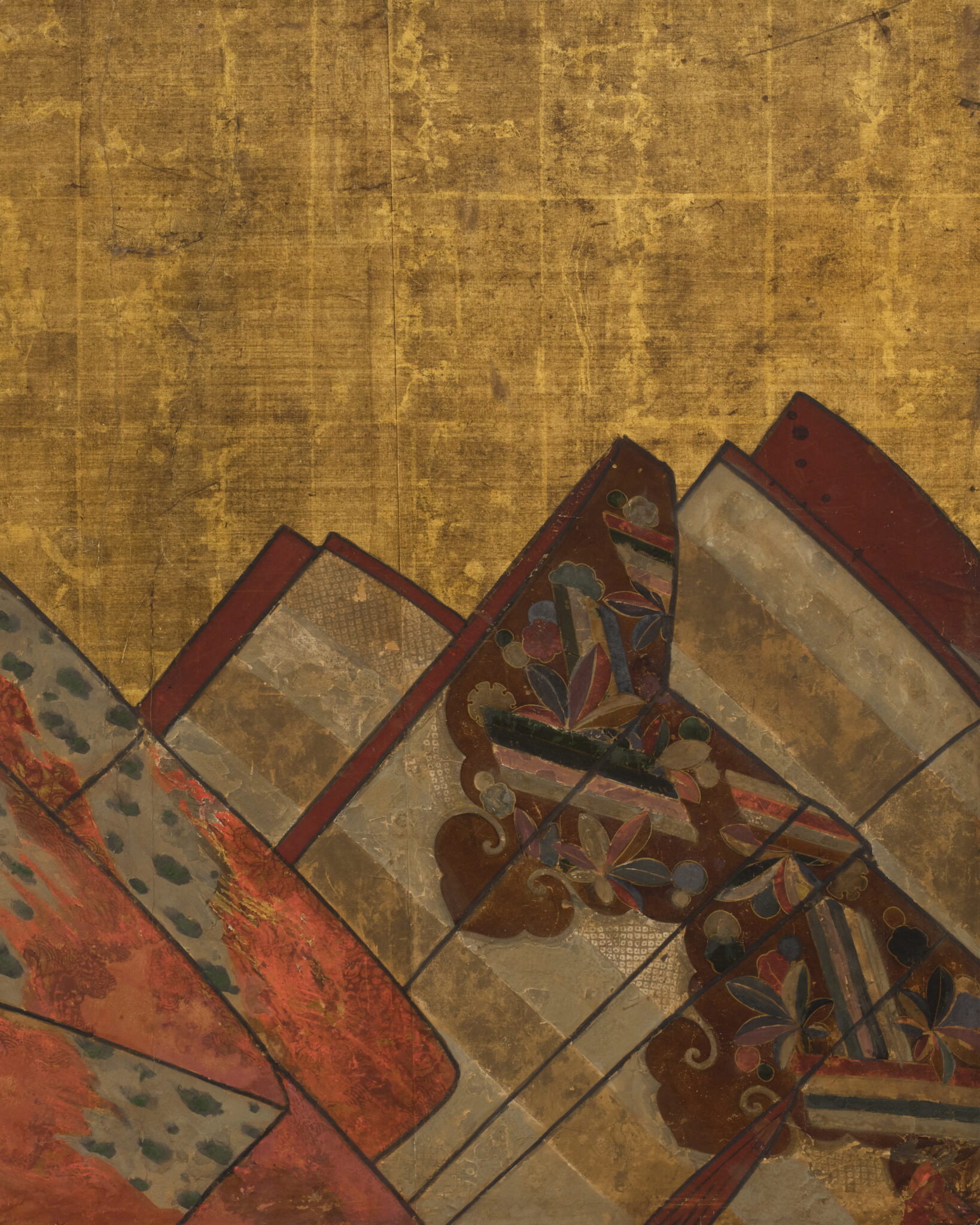 Japanese Two Panel Furosaki Screen: Kimono Fabrics on Gold Leaf