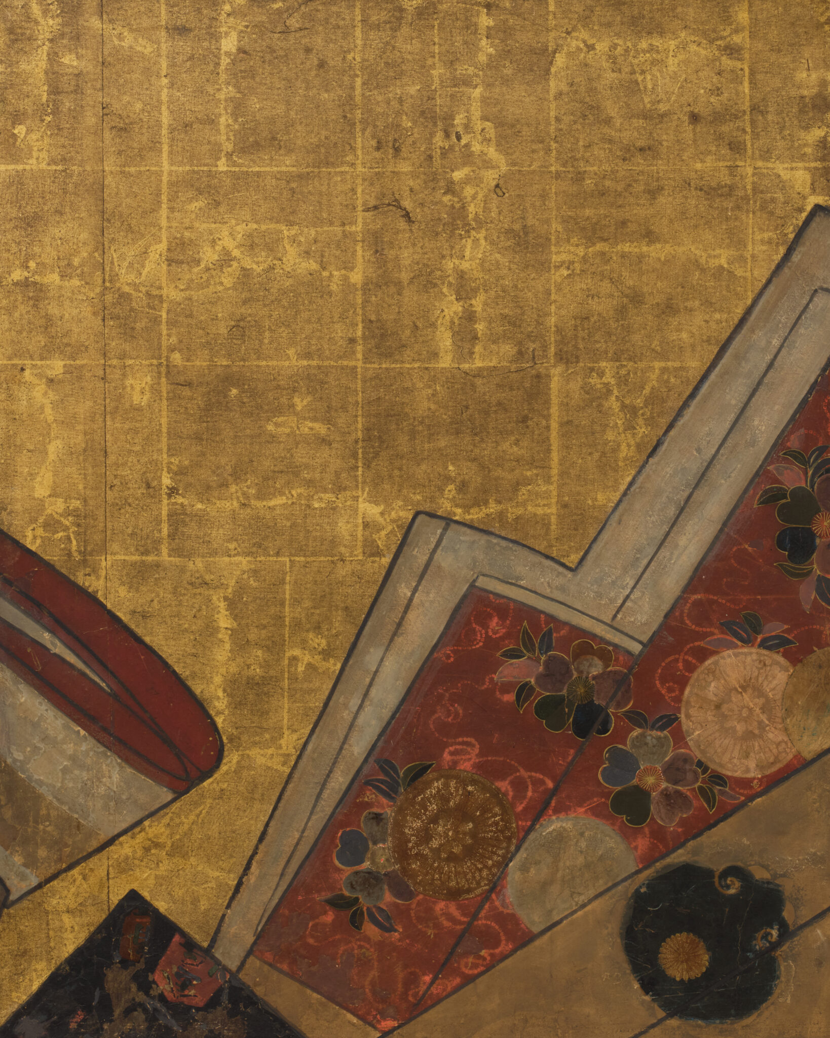 Japanese Two Panel Furosaki Screen: Kimono Fabrics on Gold Leaf