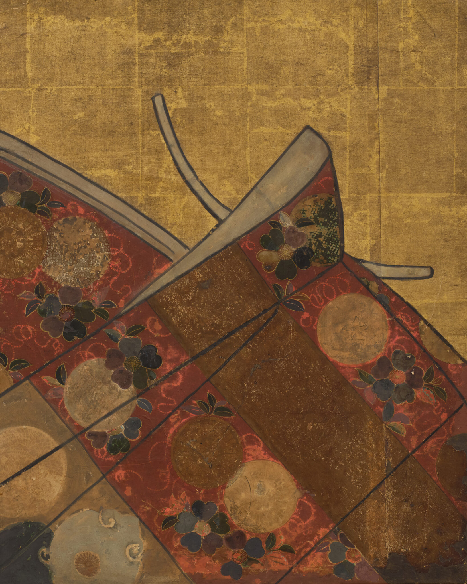 Japanese Two Panel Furosaki Screen: Kimono Fabrics on Gold Leaf