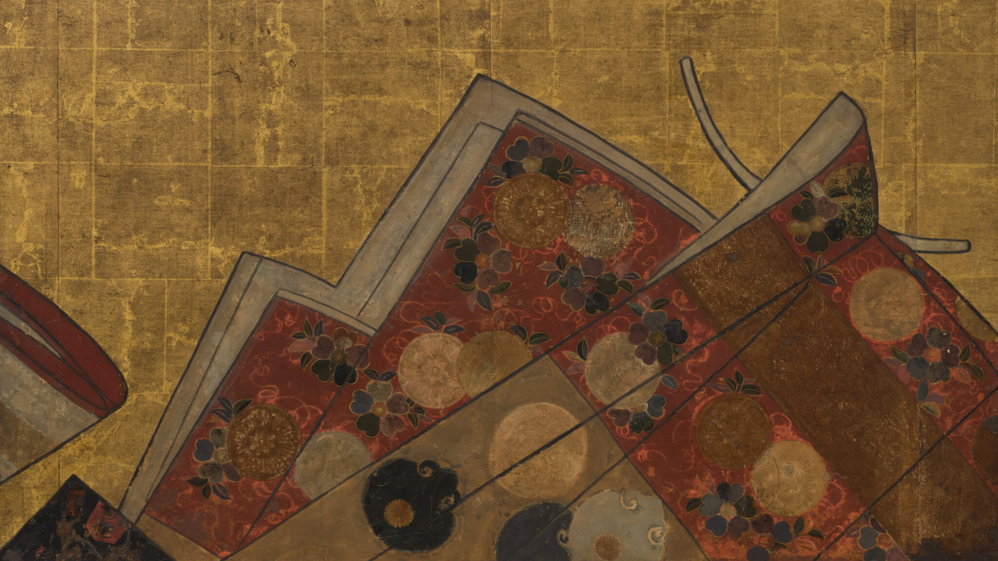 Japanese Two Panel Furosaki Screen: Kimono Fabrics on Gold Leaf