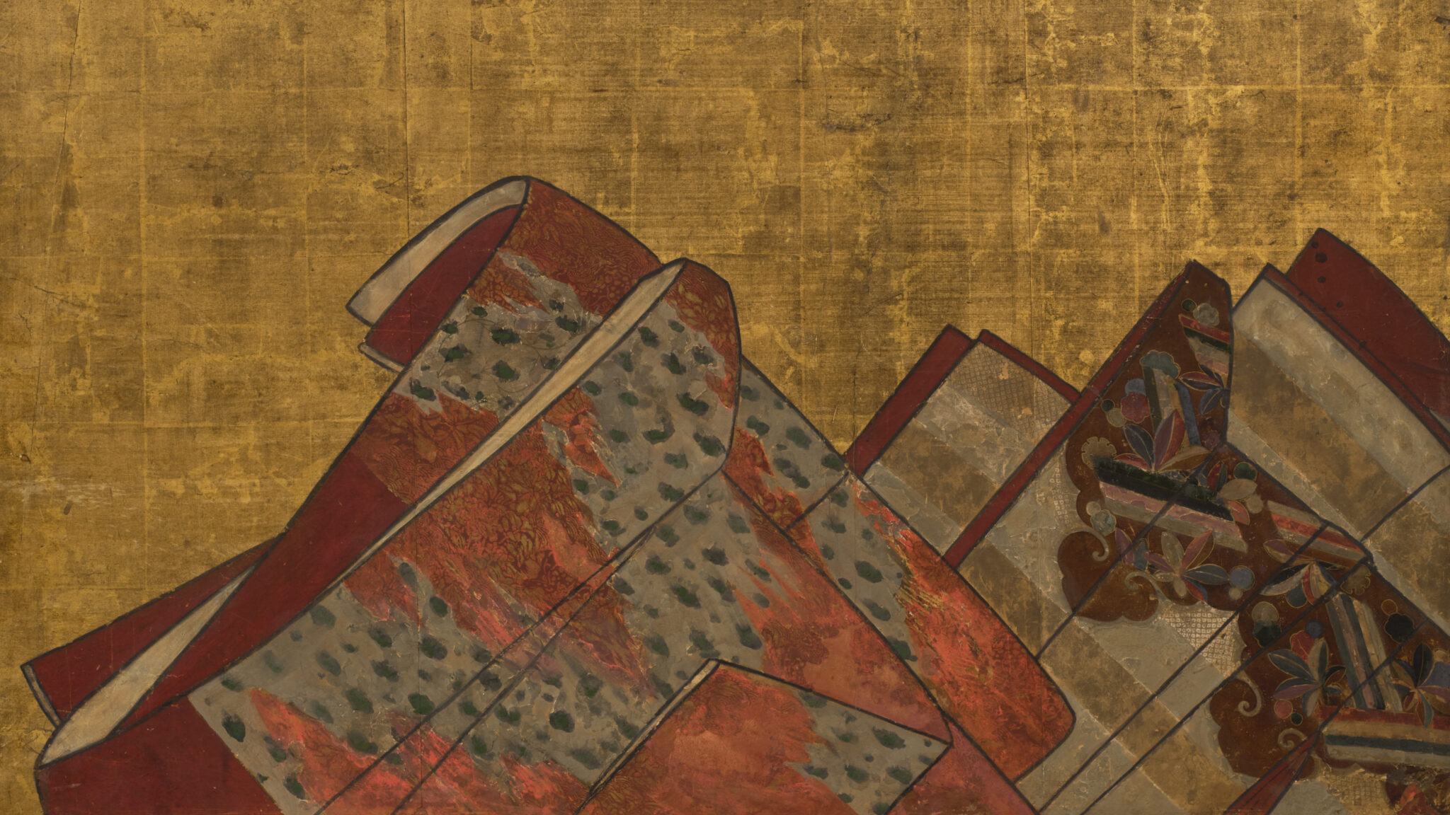 Japanese Two Panel Furosaki Screen: Kimono Fabrics on Gold Leaf