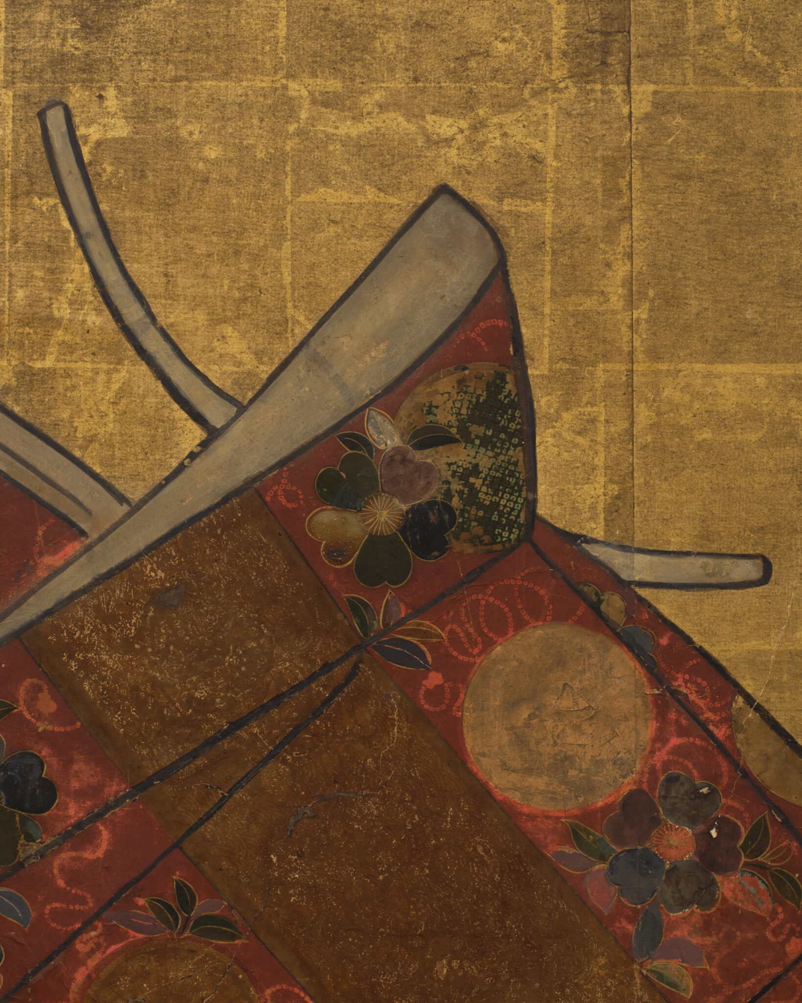 Japanese Two Panel Furosaki Screen: Kimono Fabrics on Gold Leaf