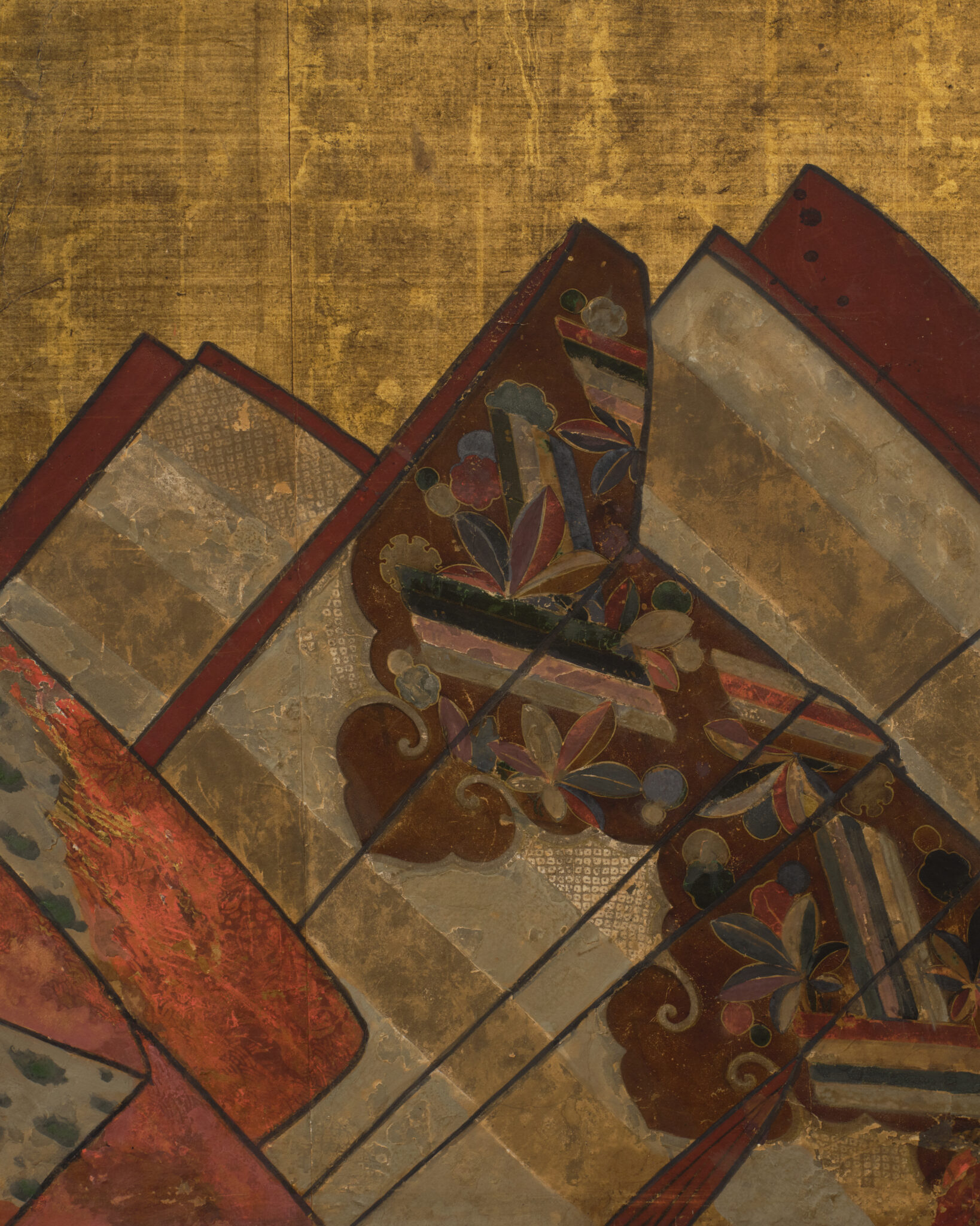 Japanese Two Panel Furosaki Screen: Kimono Fabrics on Gold Leaf
