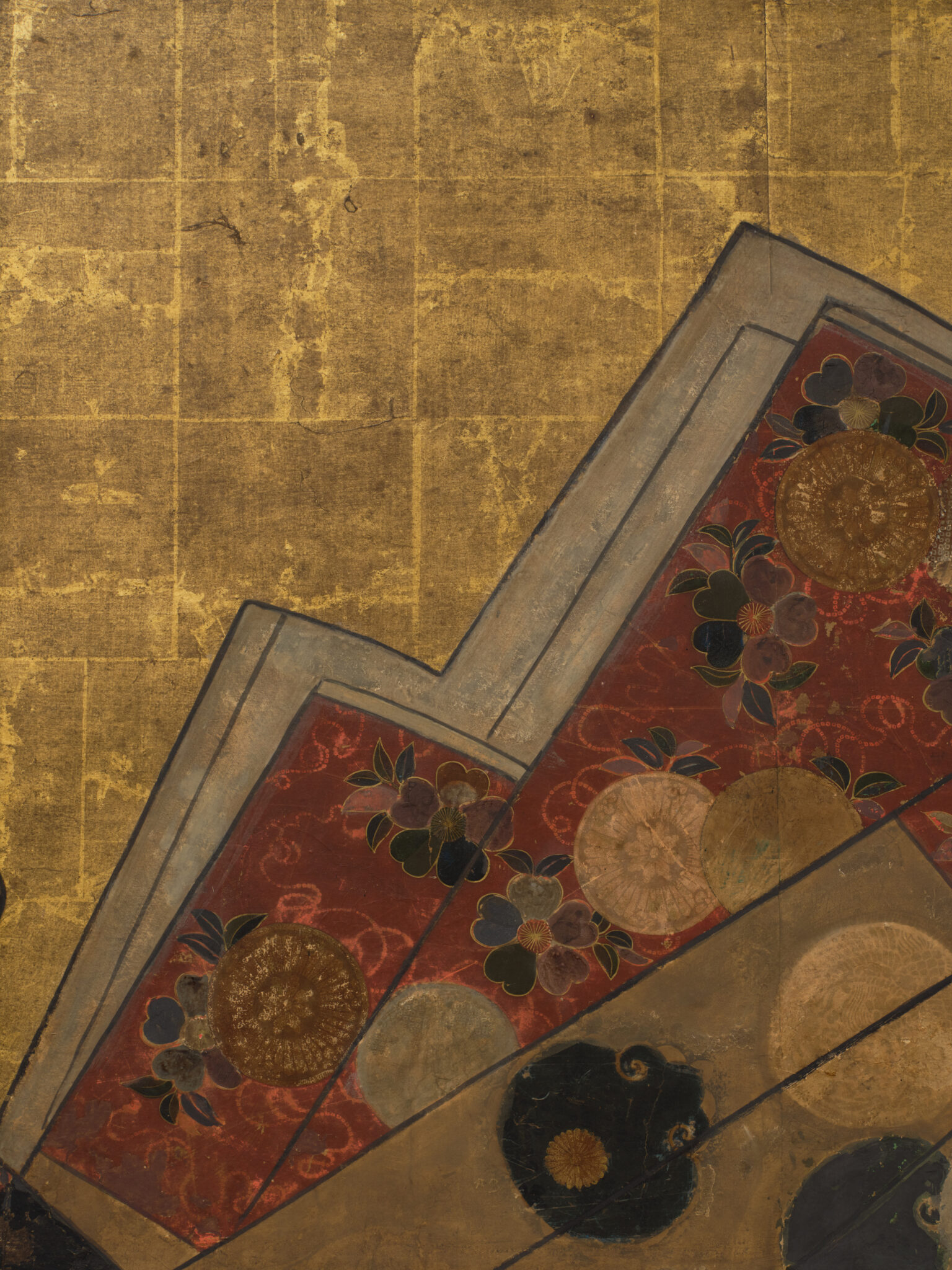 Japanese Two Panel Furosaki Screen: Kimono Fabrics on Gold Leaf