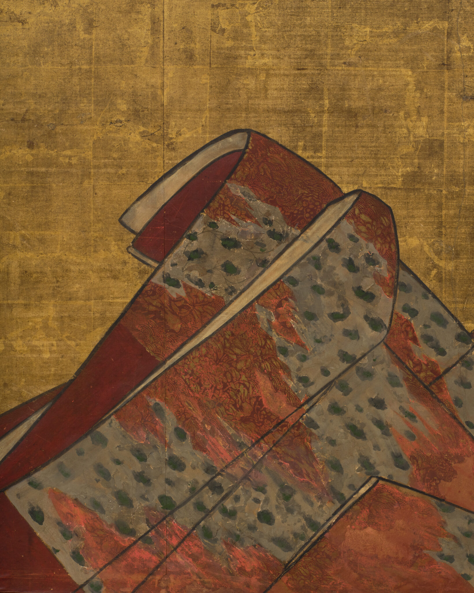 Japanese Two Panel Furosaki Screen: Kimono Fabrics on Gold Leaf