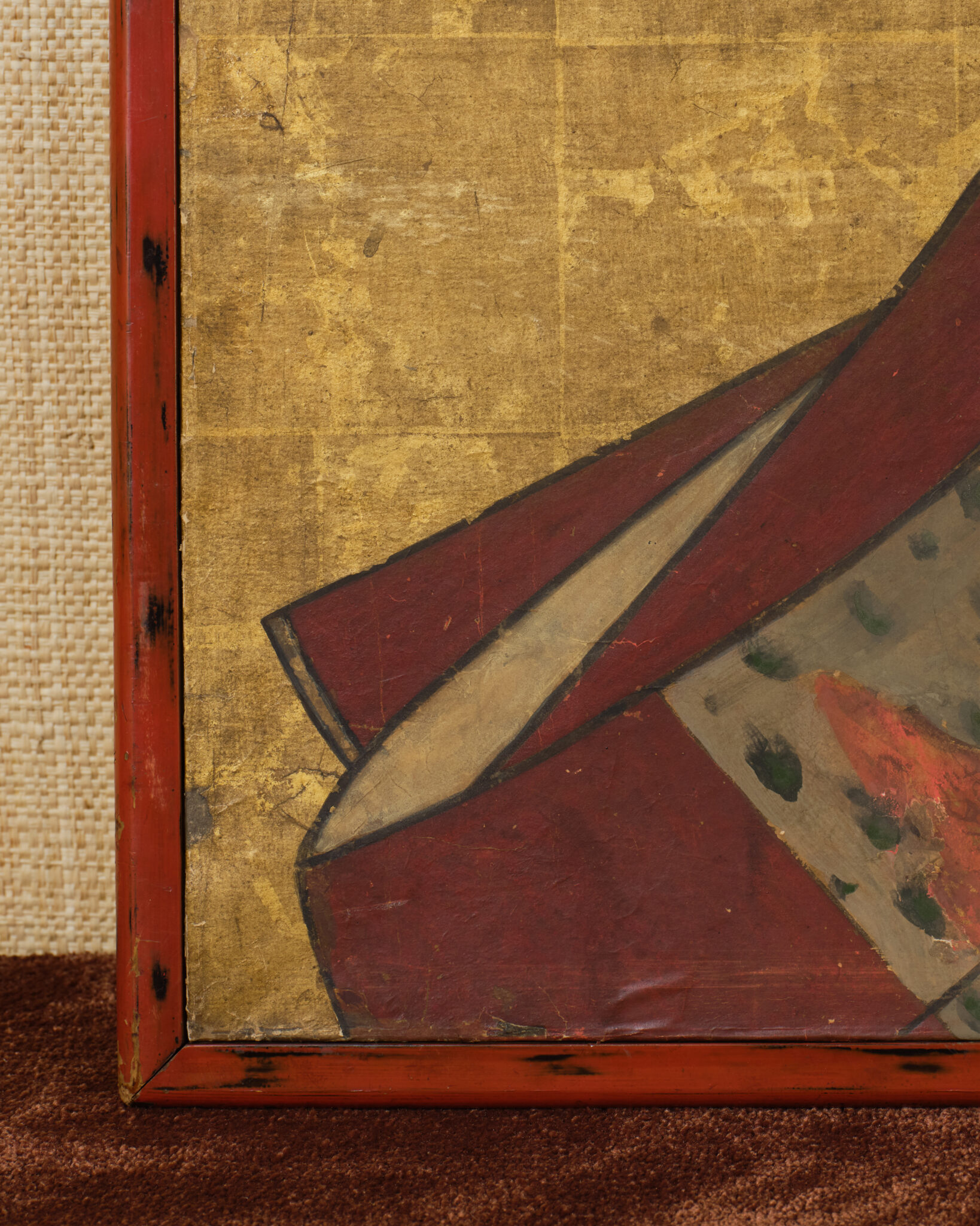 Japanese Two Panel Furosaki Screen: Kimono Fabrics on Gold Leaf