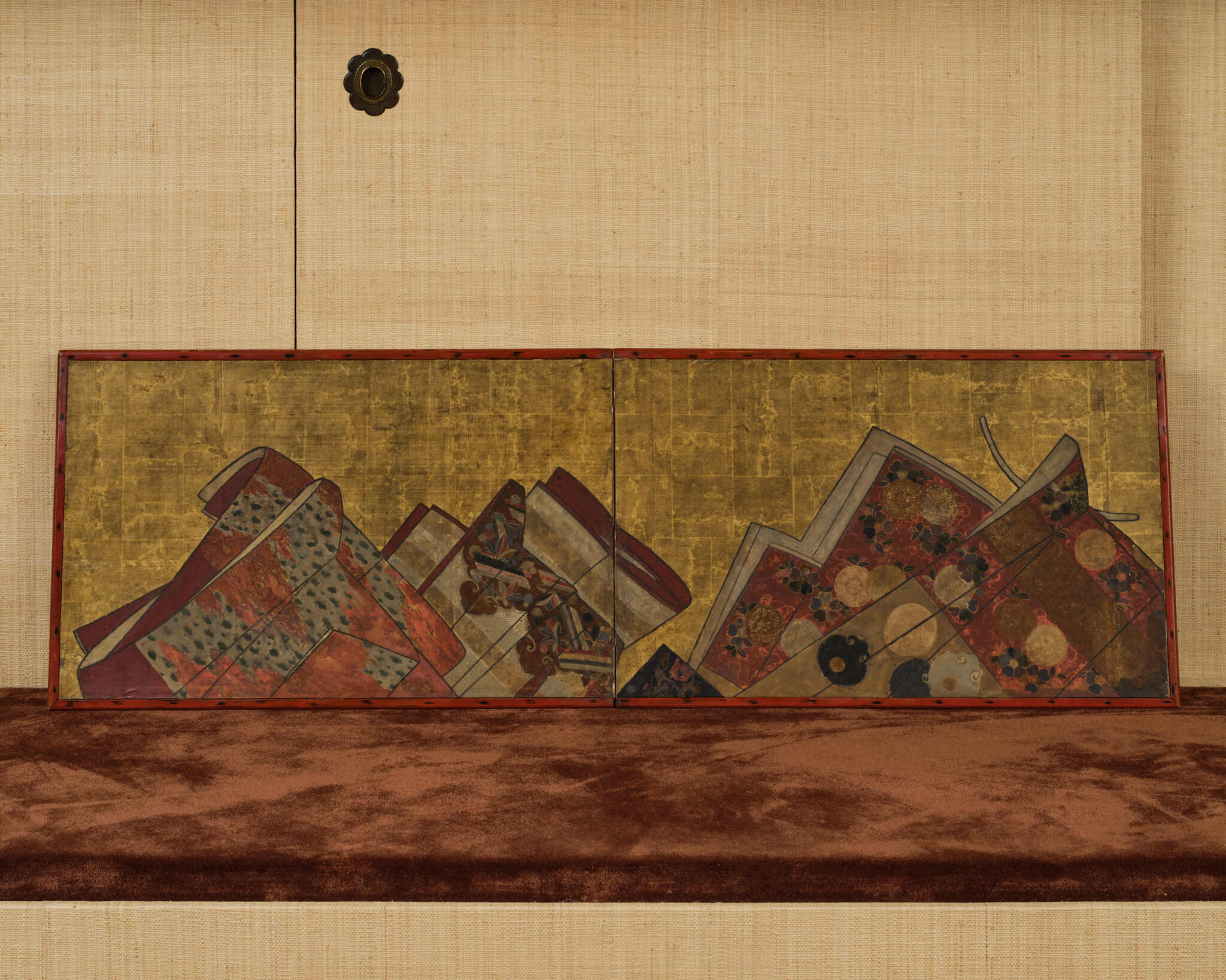 Japanese Two Panel Furosaki Screen: Kimono Fabrics on Gold Leaf