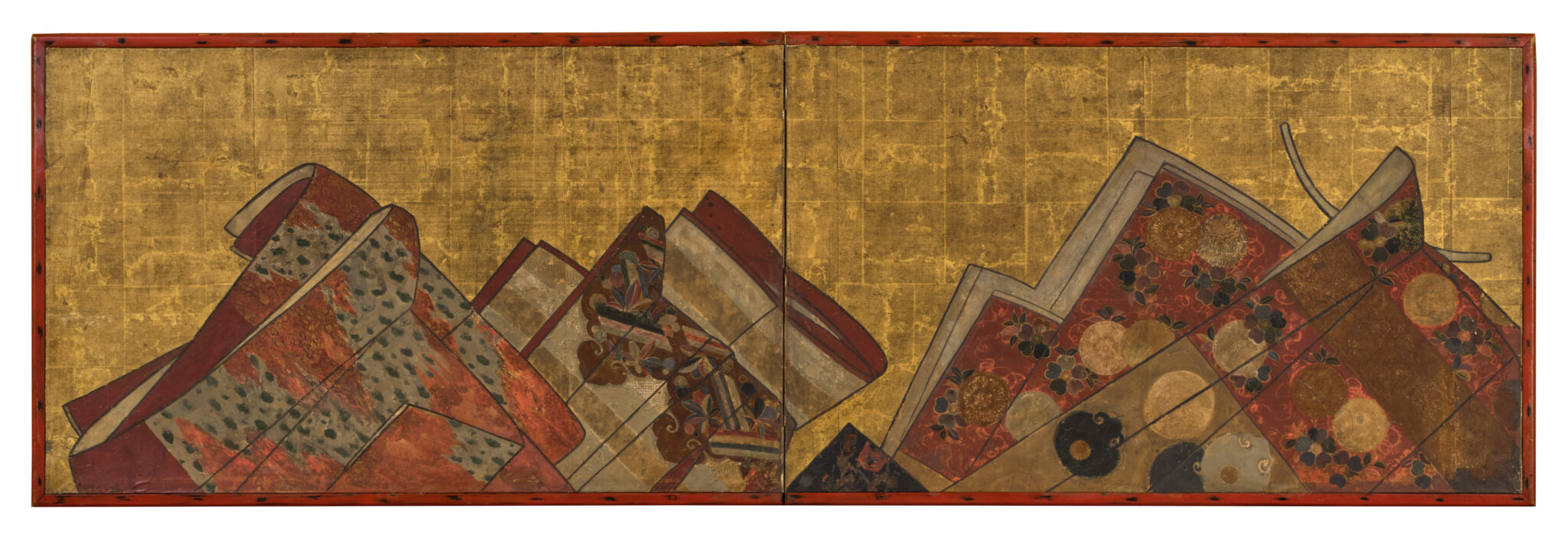 Japanese Two Panel Furosaki Screen: Kimono Fabrics on Gold Leaf