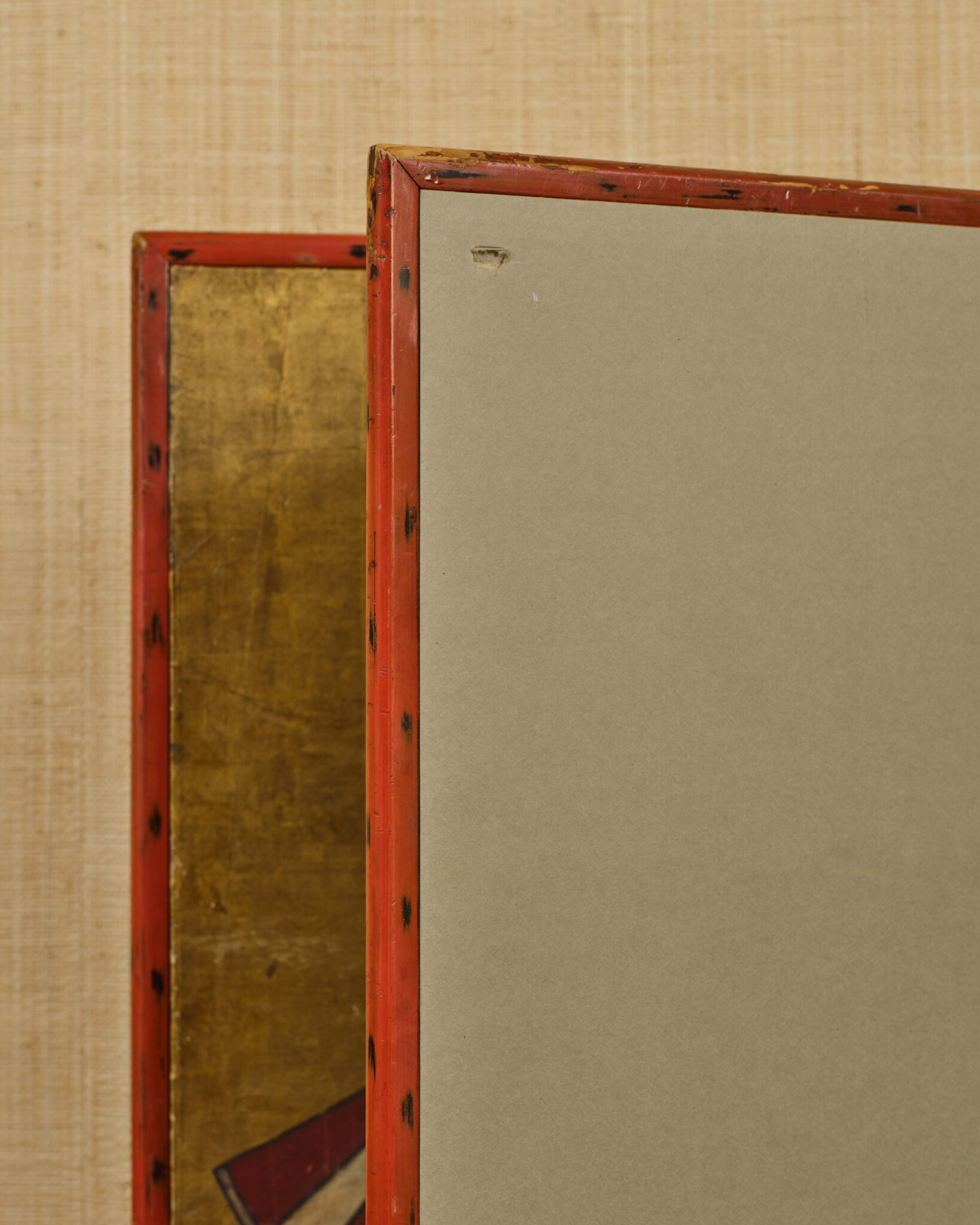 Japanese Two Panel Furosaki Screen: Kimono Fabrics on Gold Leaf