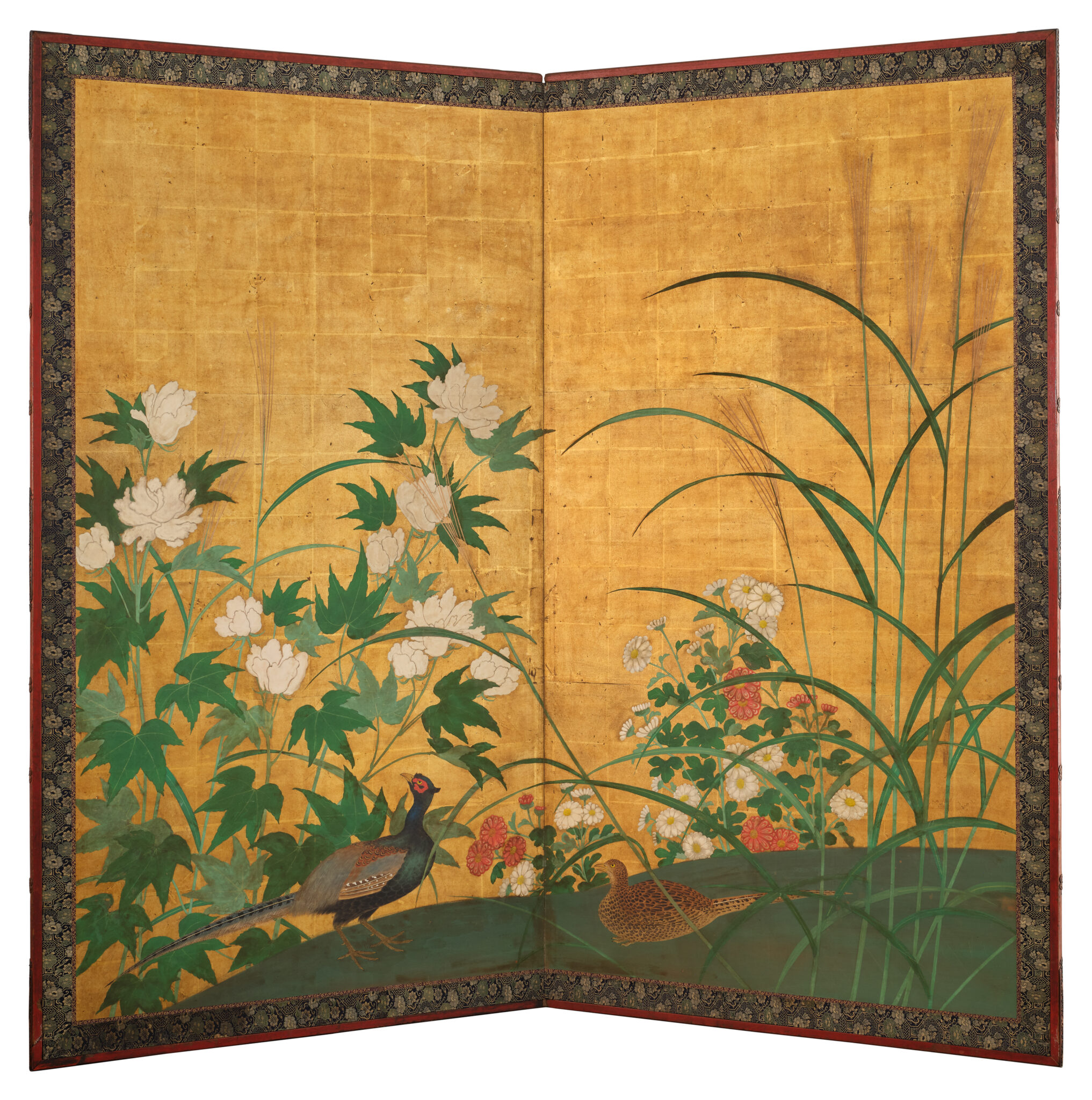 Japanese Two Panel Screen: Pheasants in Autumn Garden