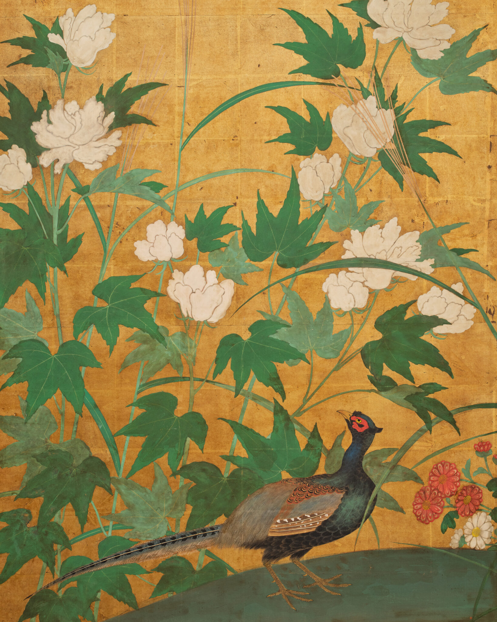 Japanese Two Panel Screen: Pheasants in Autumn Garden