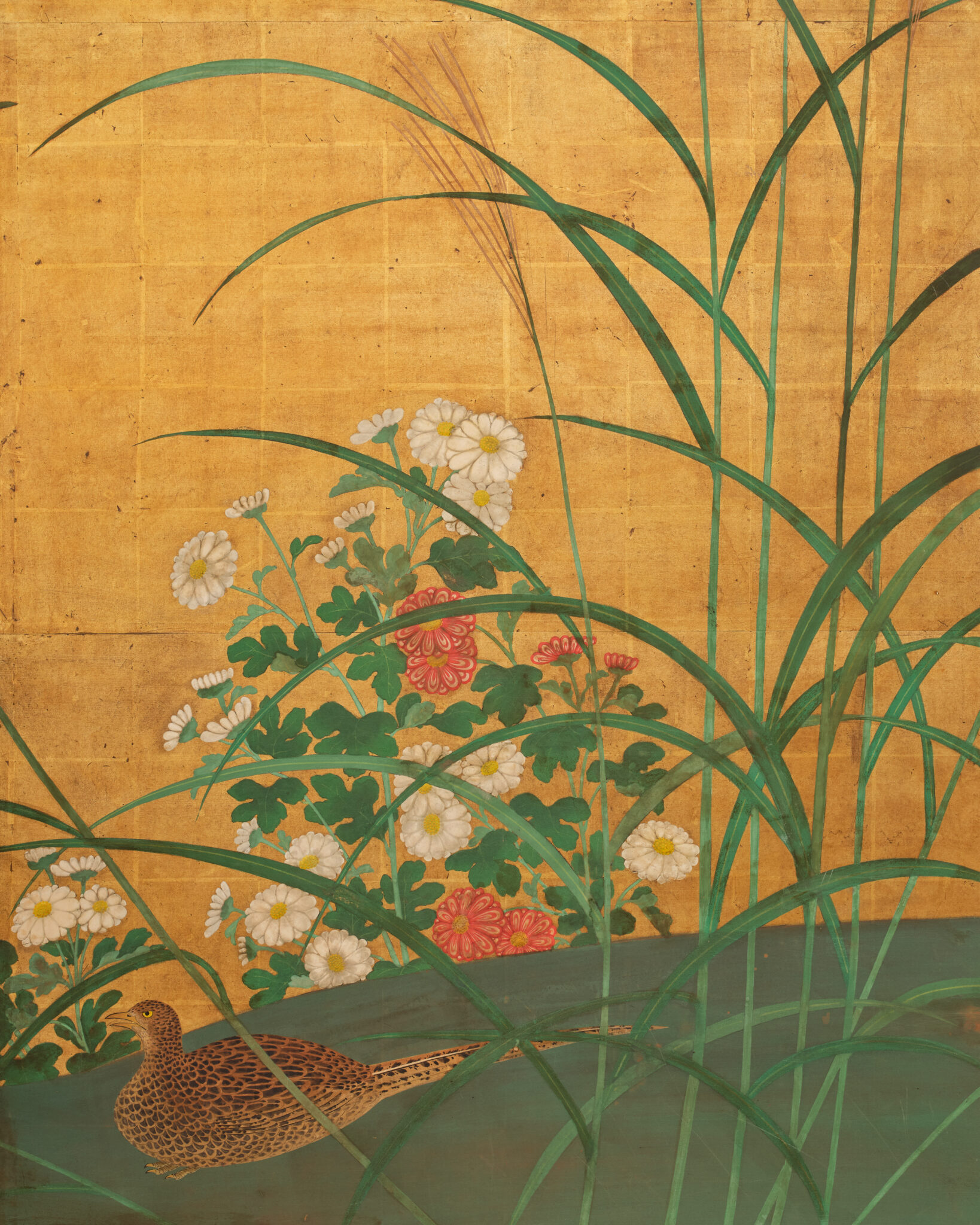 Japanese Two Panel Screen: Pheasants in Autumn Garden
