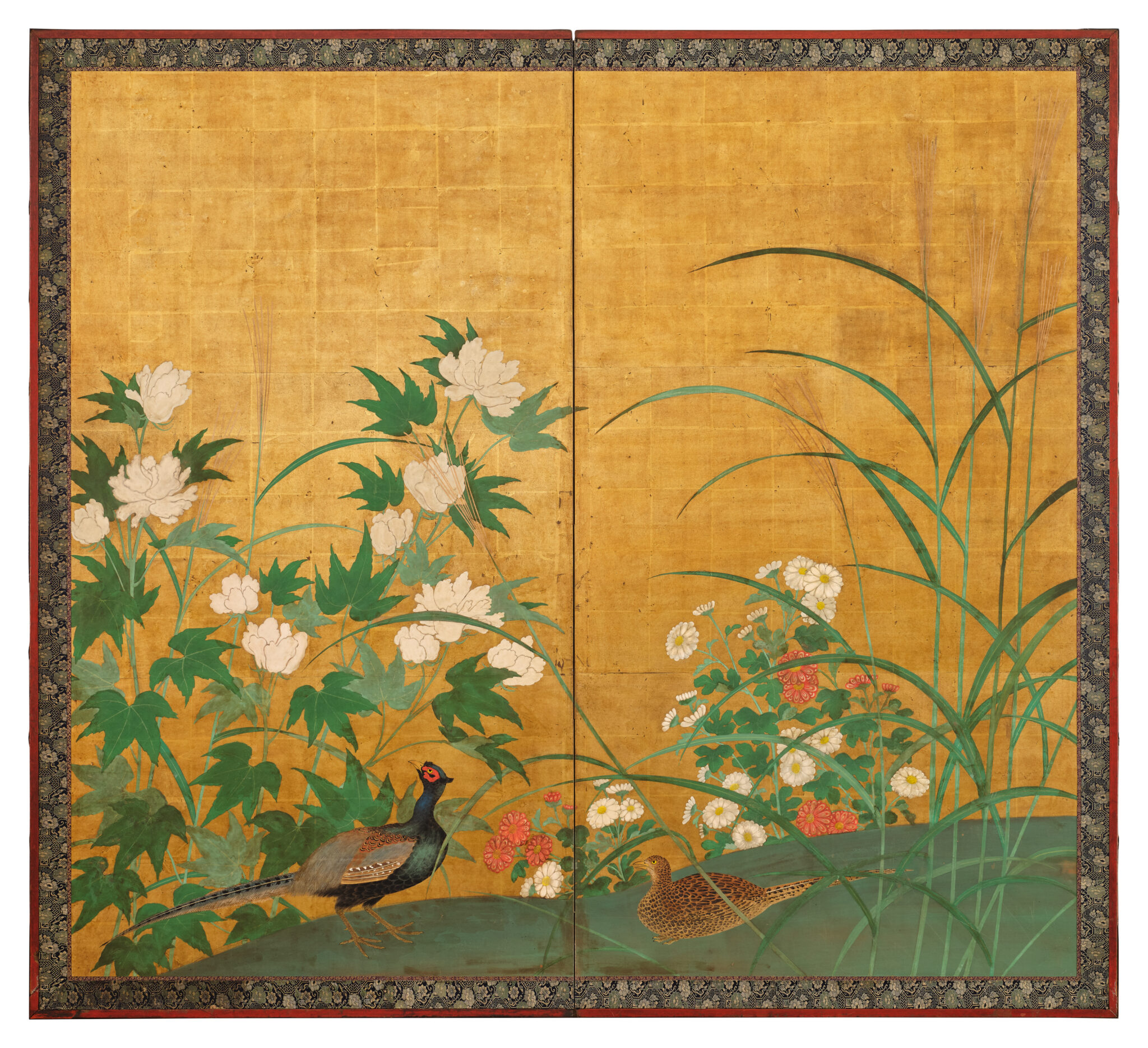 Japanese Two Panel Screen: Pheasants in Autumn Garden