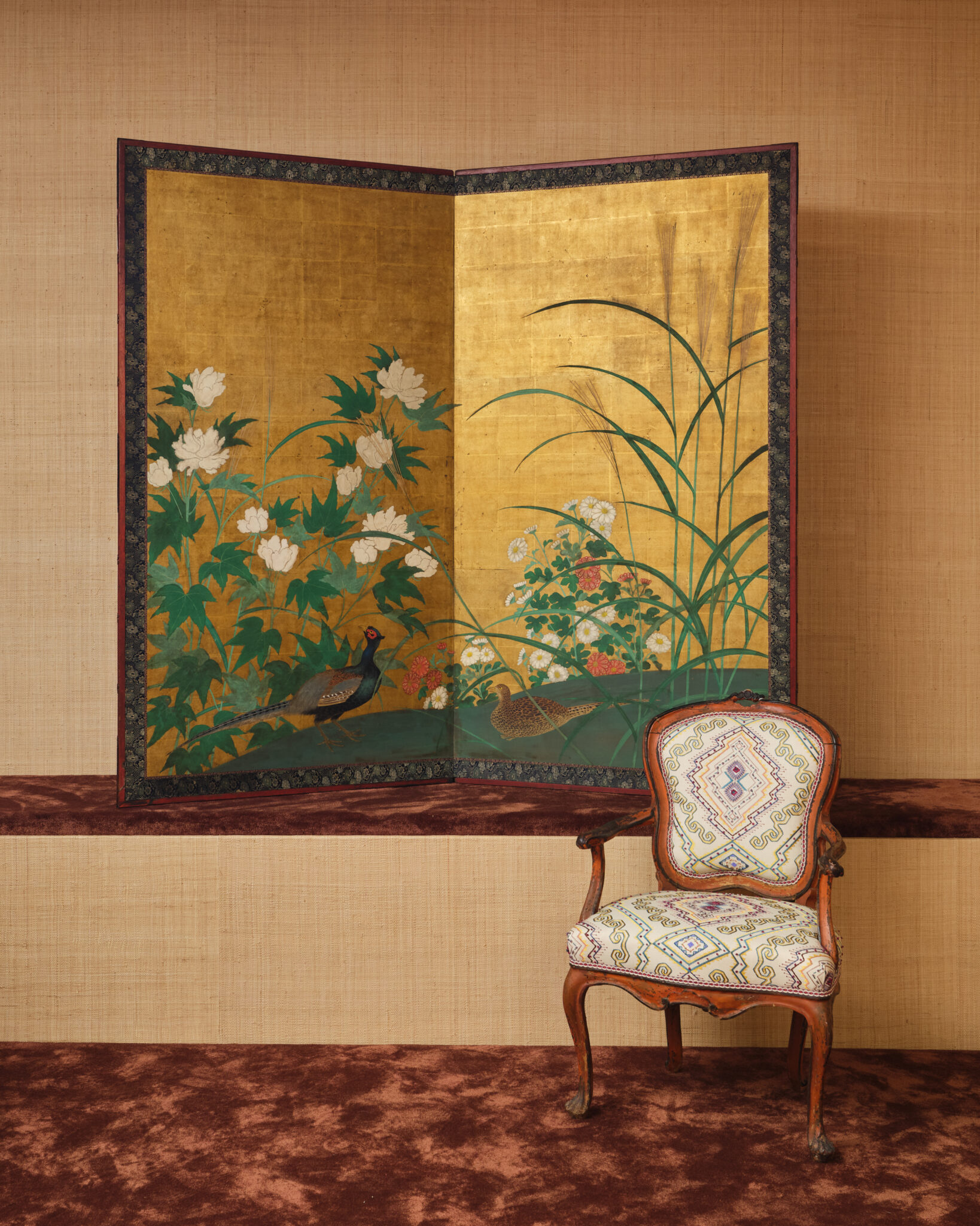 Japanese Two Panel Screen: Pheasants in Autumn Garden