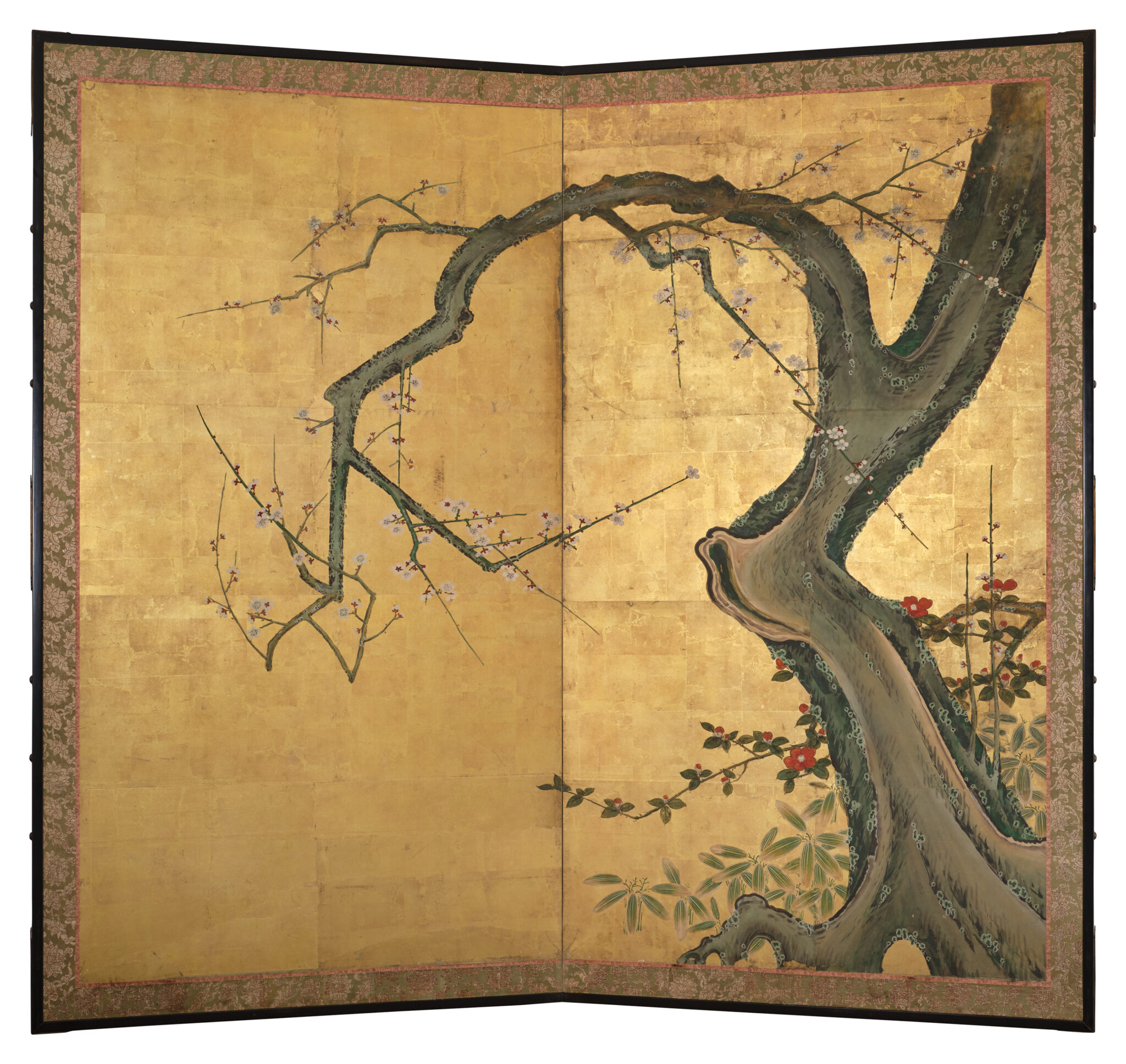 Japanese Two Panel Screen: Winter Plum Blossoms and Camellias