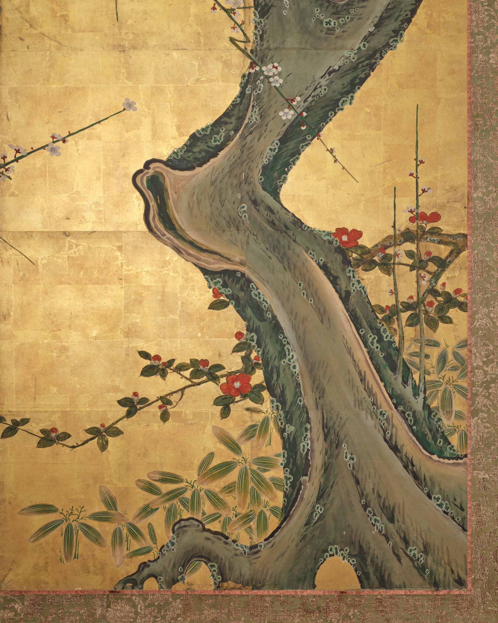 Japanese Two Panel Screen: Winter Plum Blossoms and Camellias