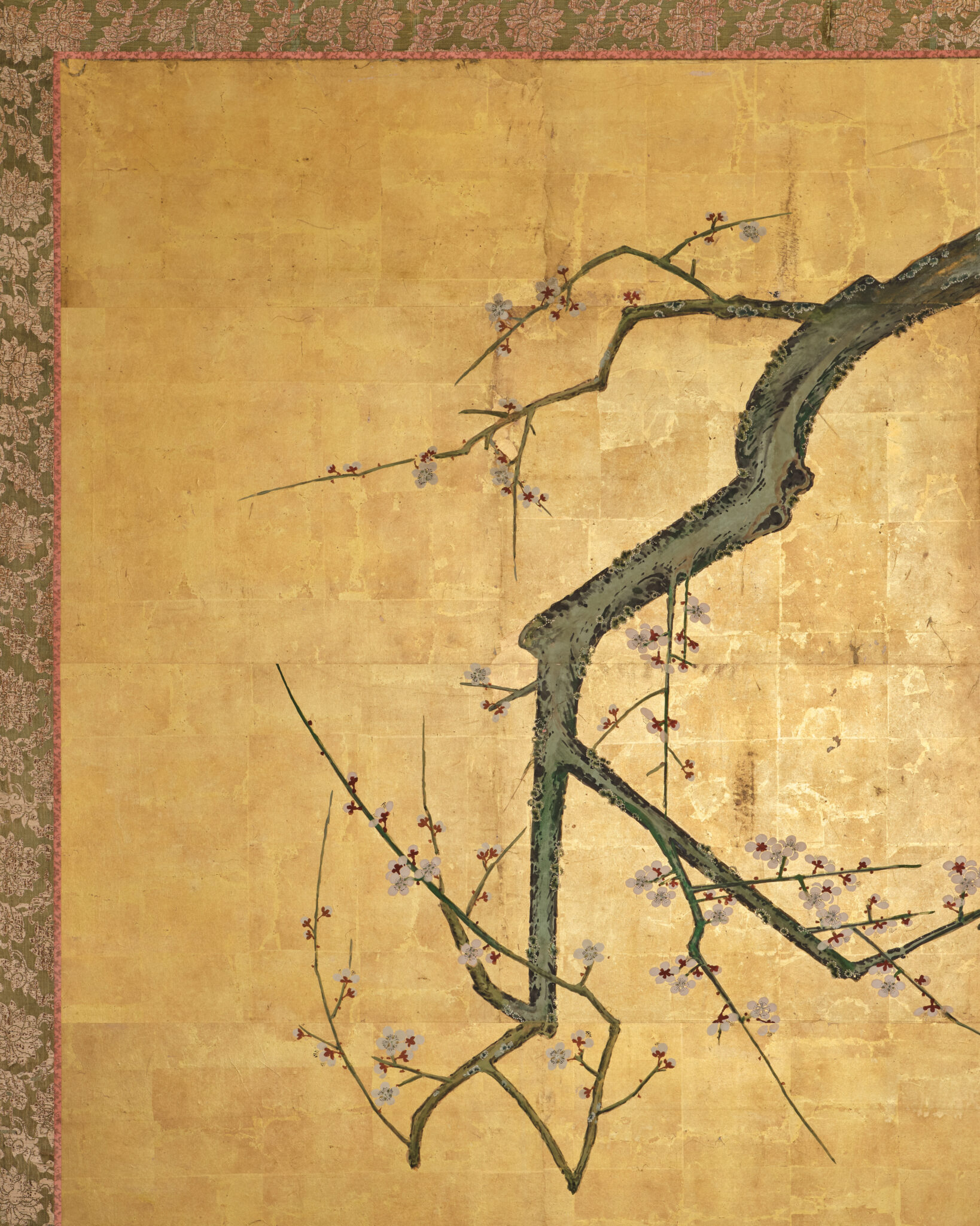 Japanese Two Panel Screen: Winter Plum Blossoms and Camellias