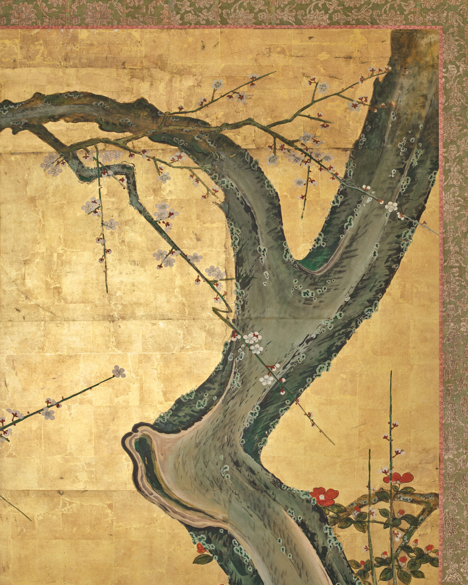Japanese Two Panel Screen: Winter Plum Blossoms and Camellias