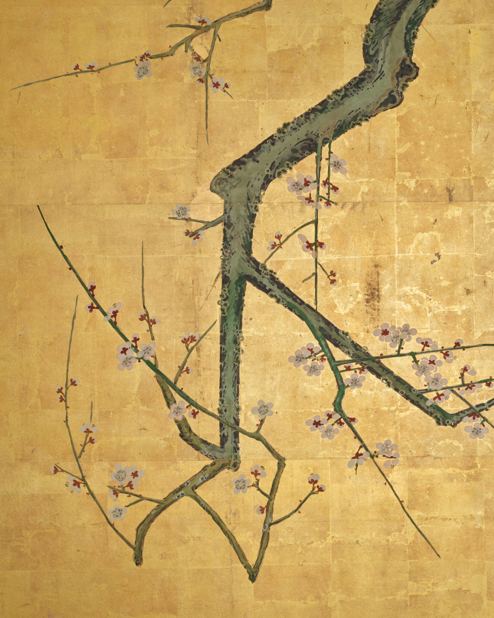 Japanese Two Panel Screen: Winter Plum Blossoms and Camellias