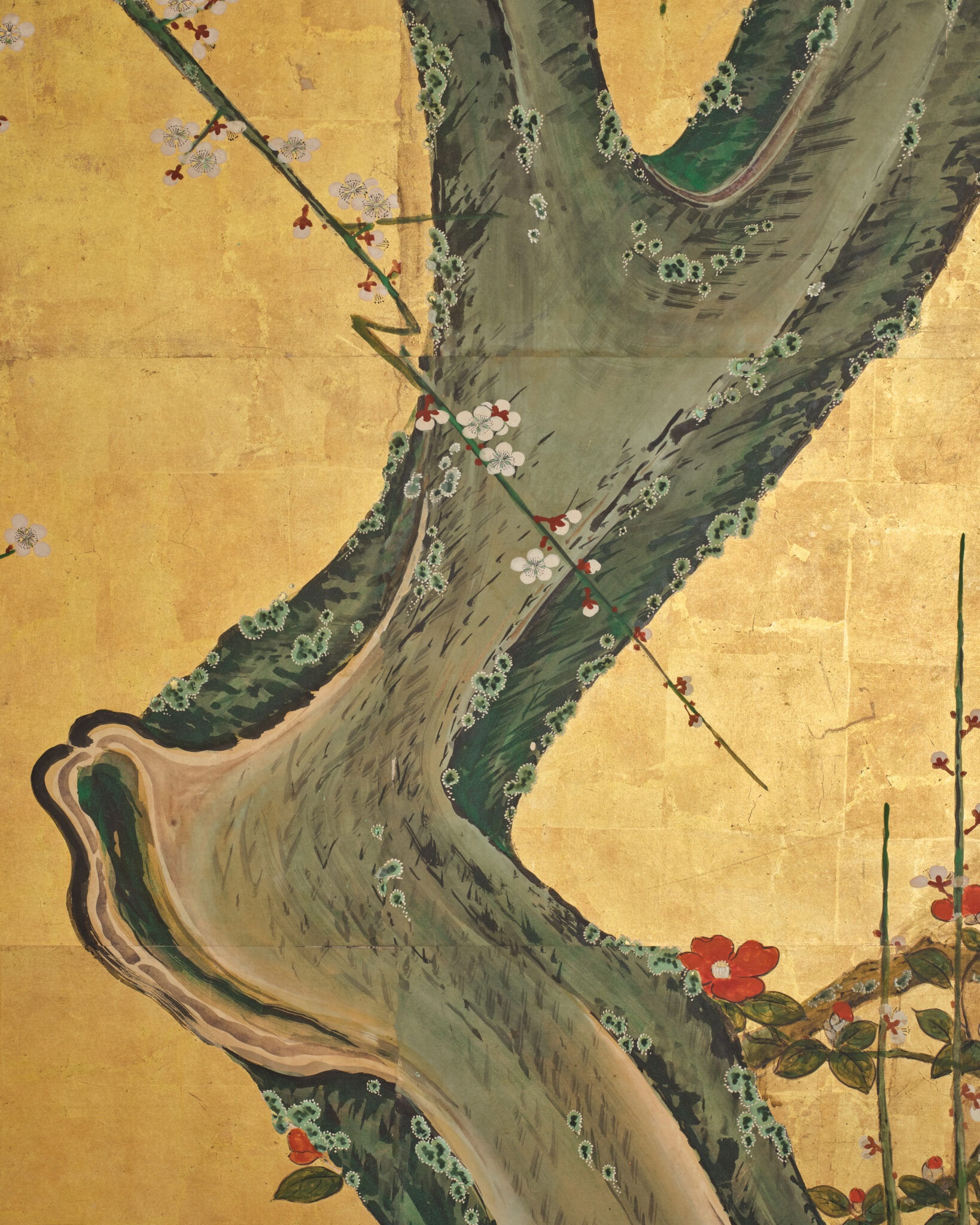 Japanese Two Panel Screen: Winter Plum Blossoms and Camellias