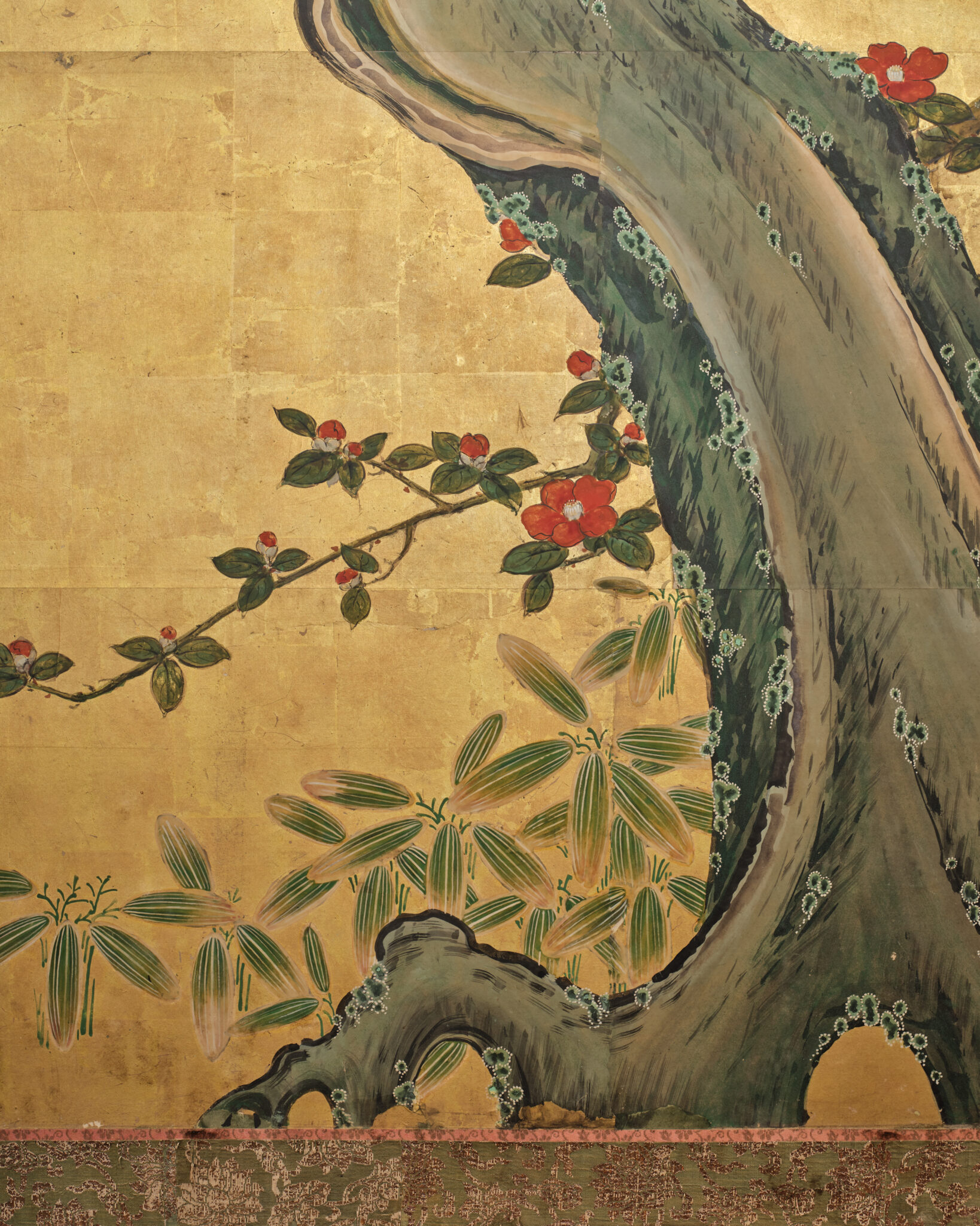 Japanese Two Panel Screen: Winter Plum Blossoms and Camellias