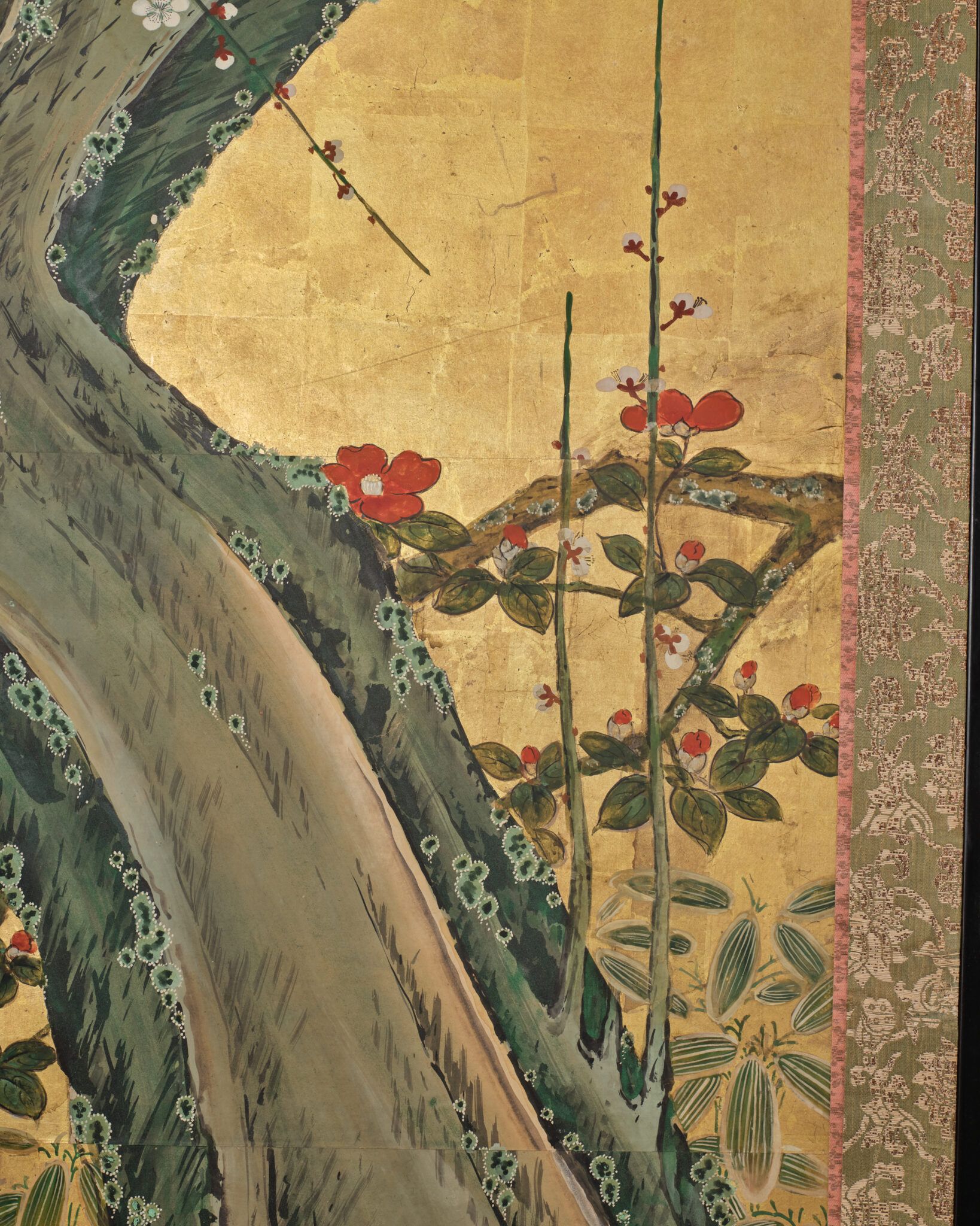 Japanese Two Panel Screen: Winter Plum Blossoms and Camellias