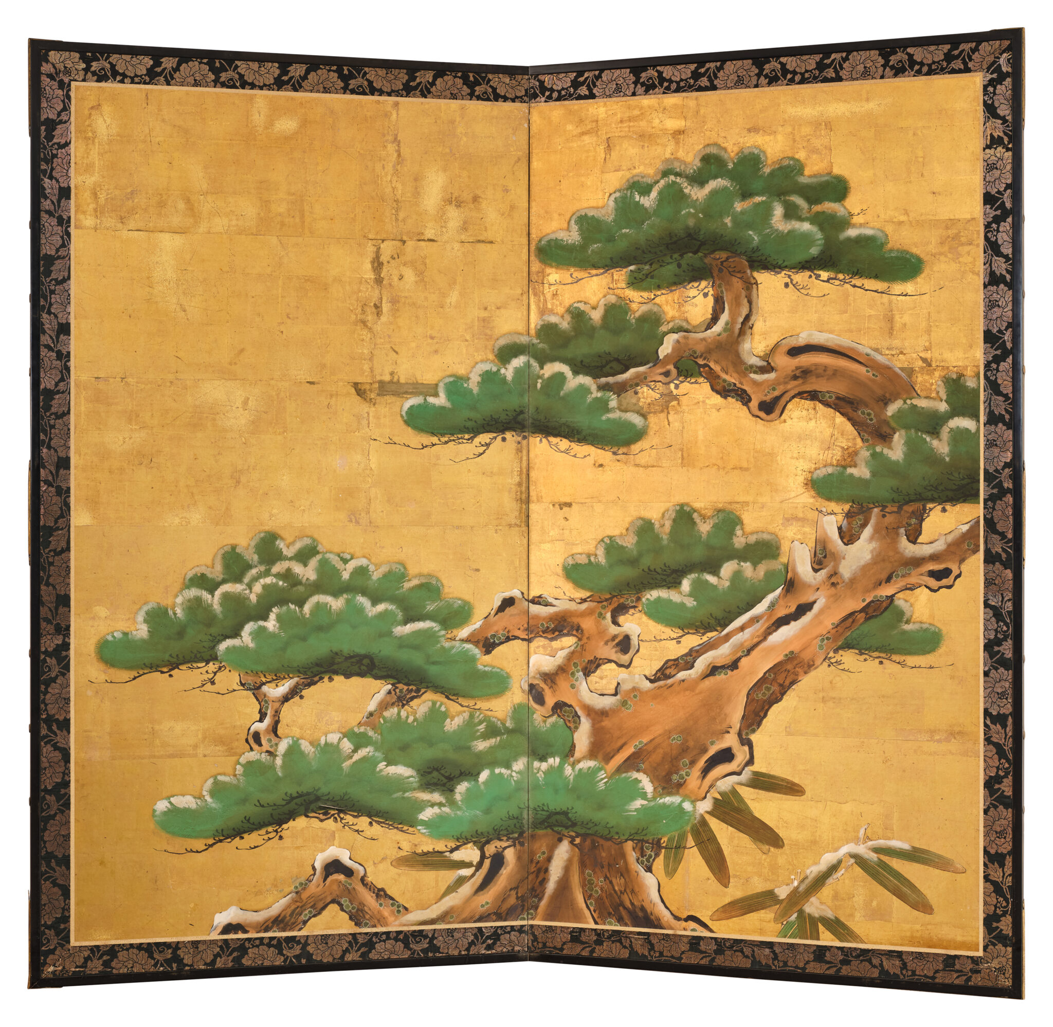 Japanese Two Panel Screen: Venerable Pine in Snow