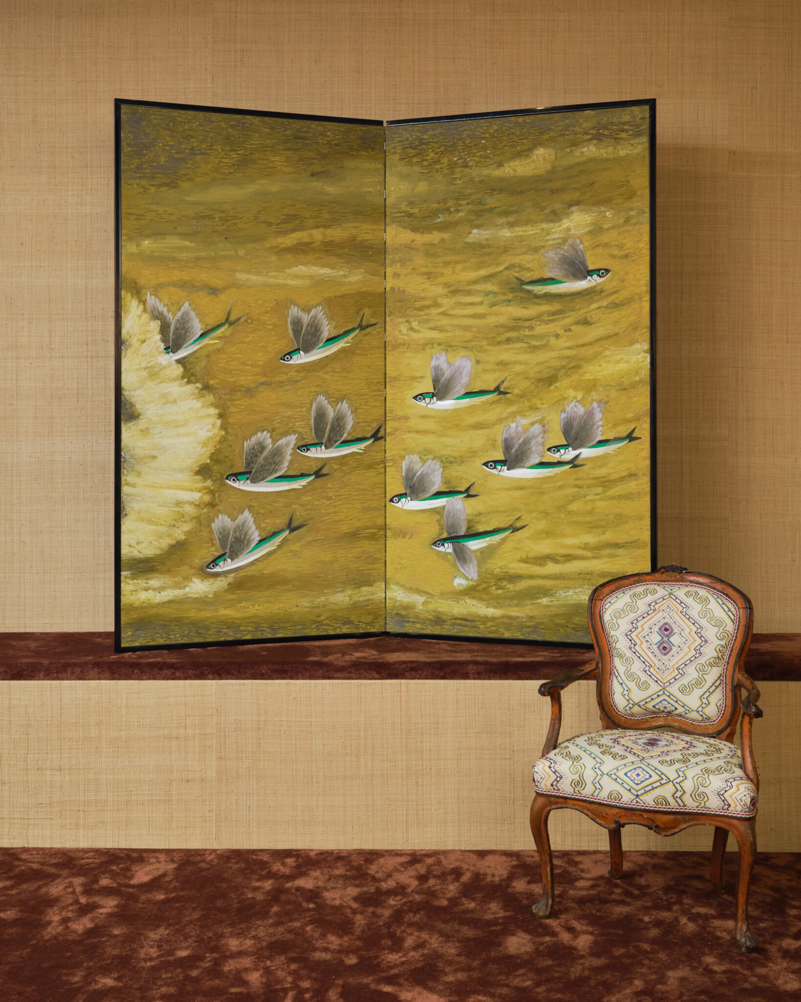 Japanese Two Panel Screen: Flying Fish