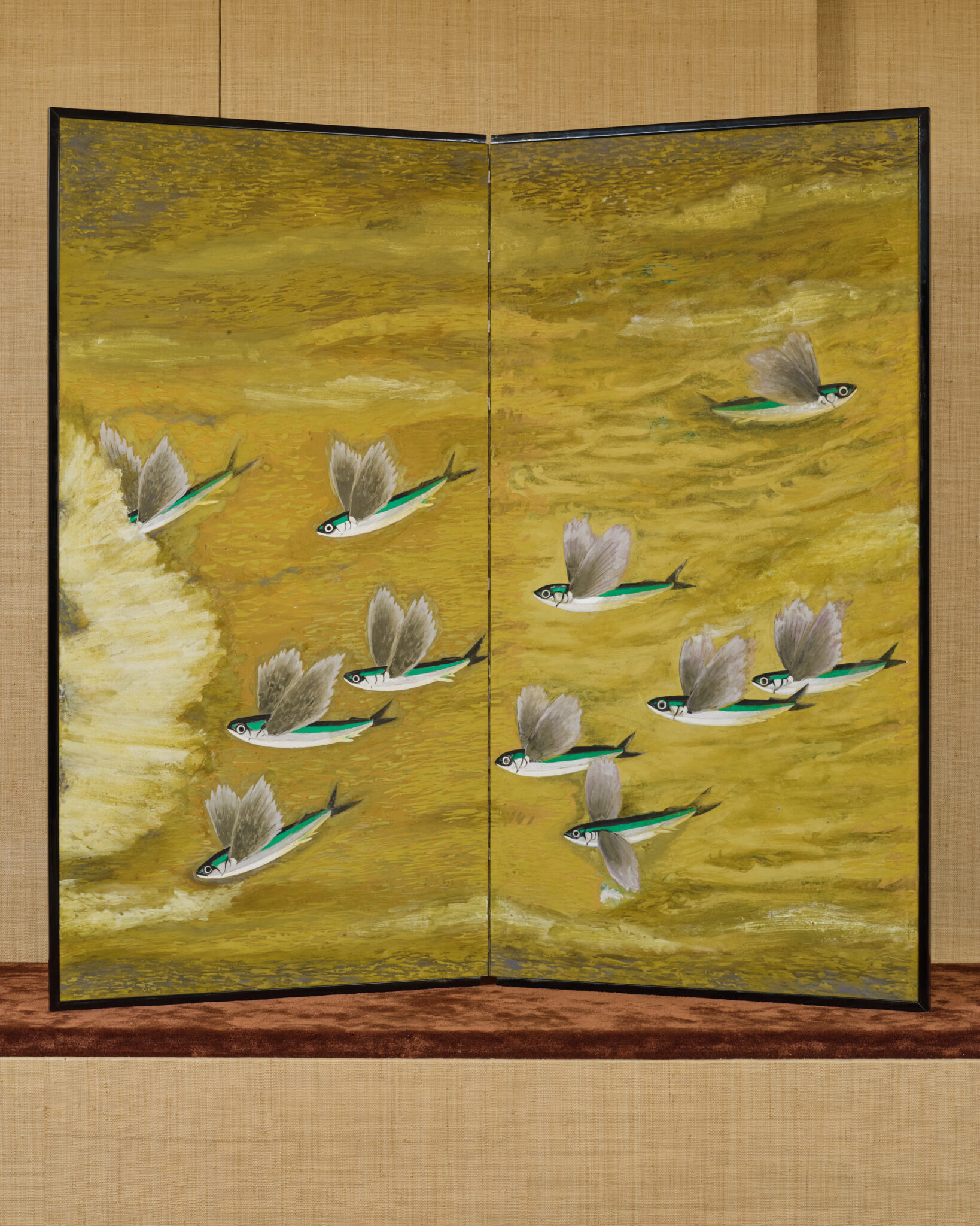 Japanese Two Panel Screen: Flying Fish