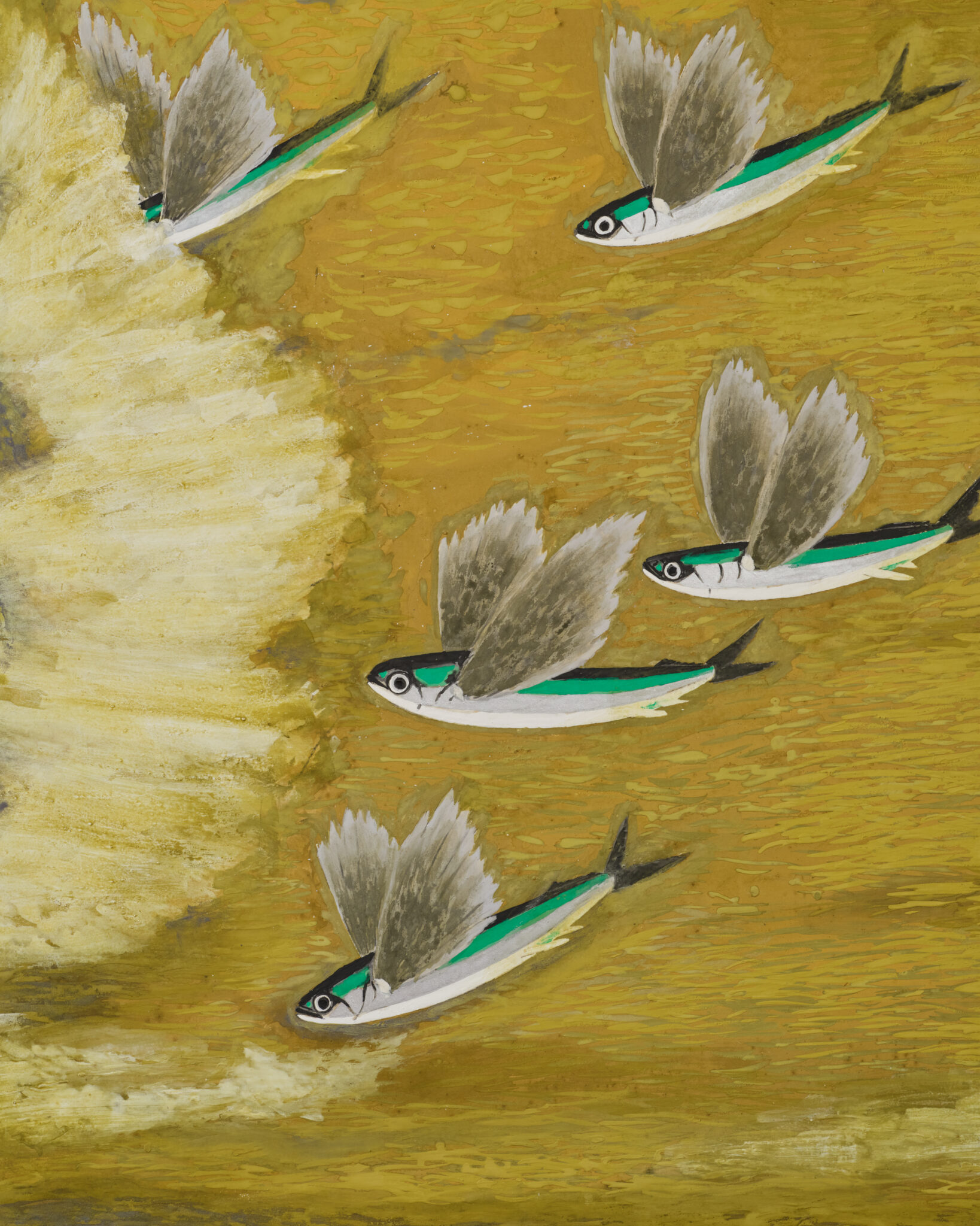 Japanese Two Panel Screen: Flying Fish