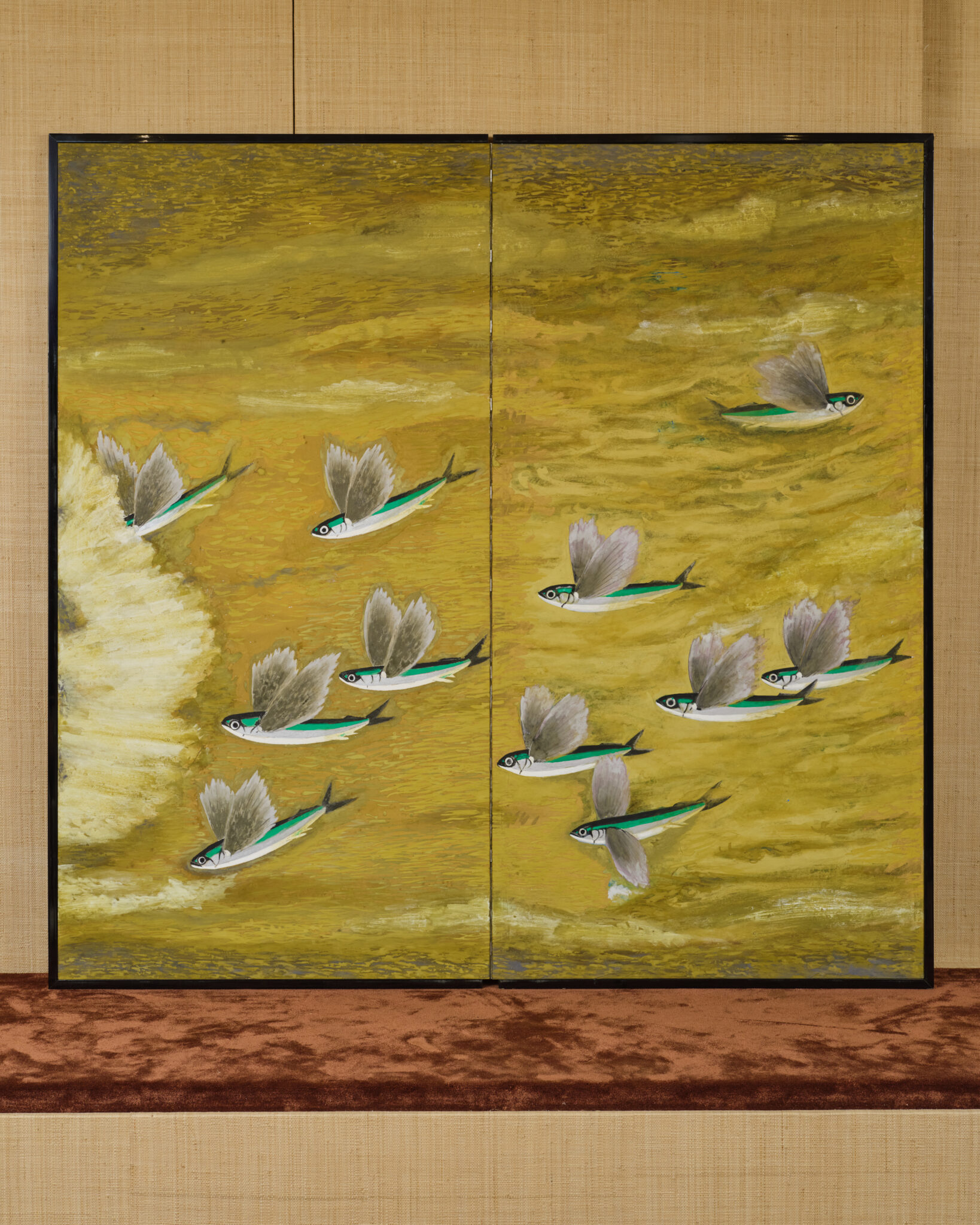 Japanese Two Panel Screen: Flying Fish