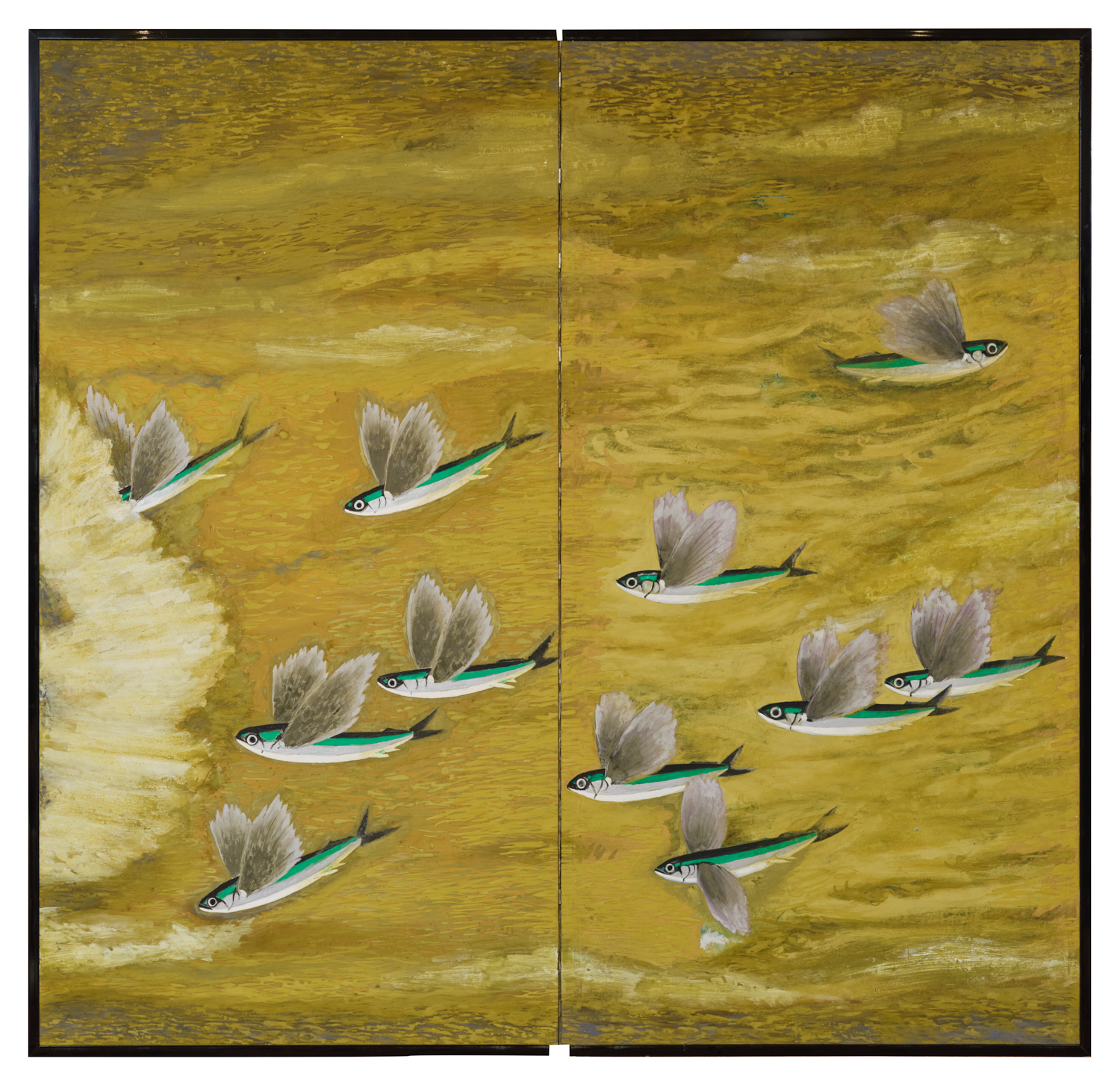 Japanese Two Panel Screen: Flying Fish