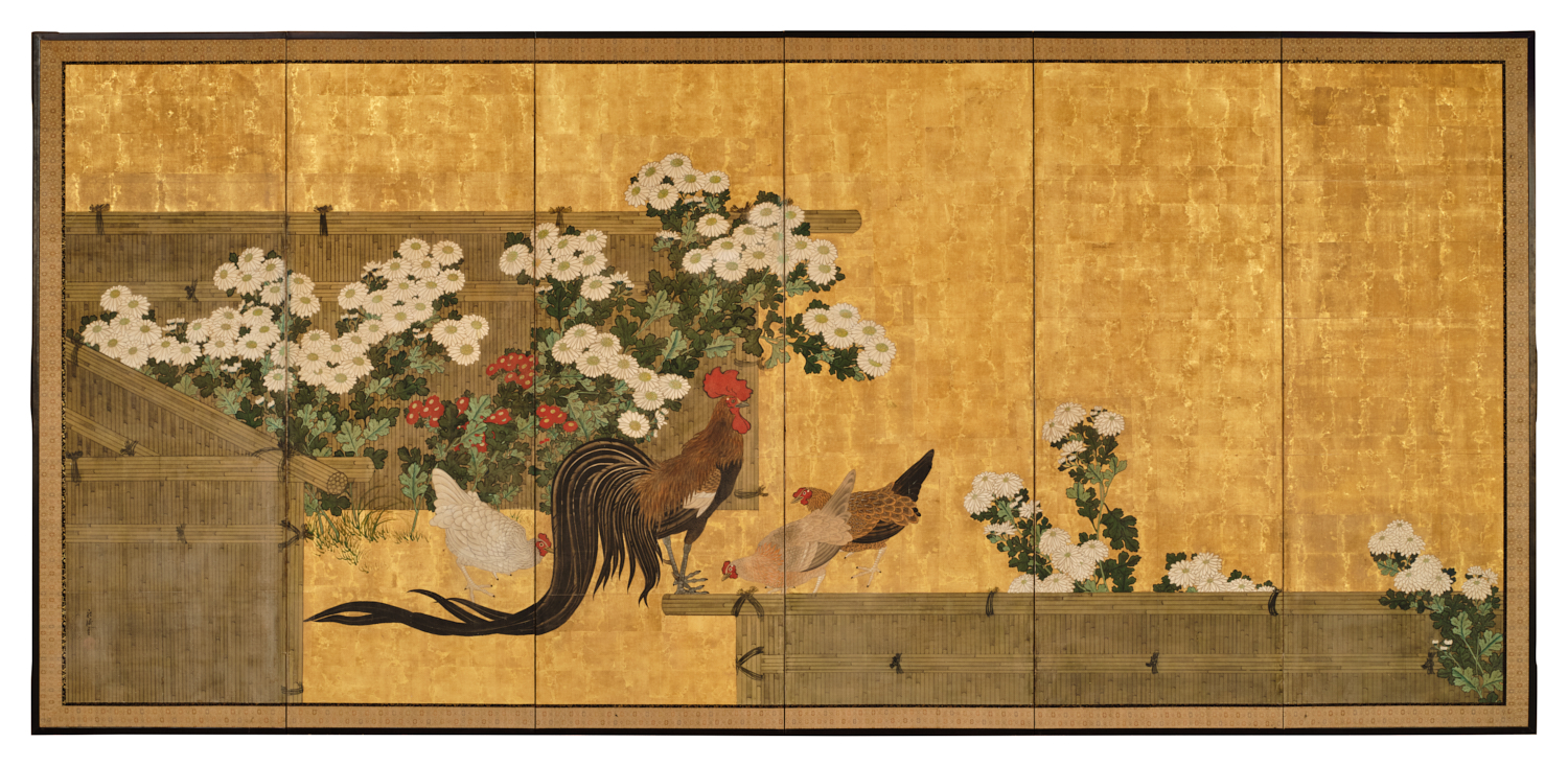 Japanese Six Panel Screen: Rooster and Hens in a Chrysanthemum Garden